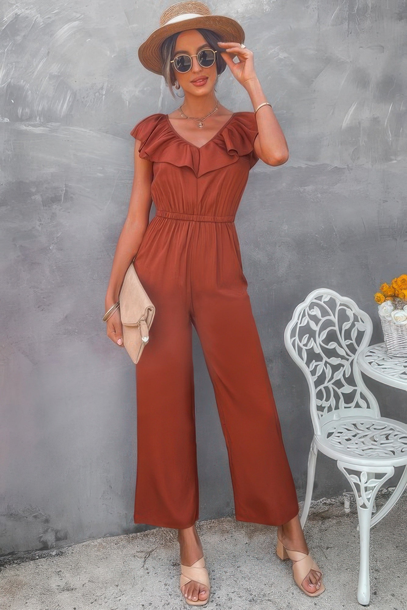 Solid Ruffle Trim V Neck Fit Jumpsuit product image