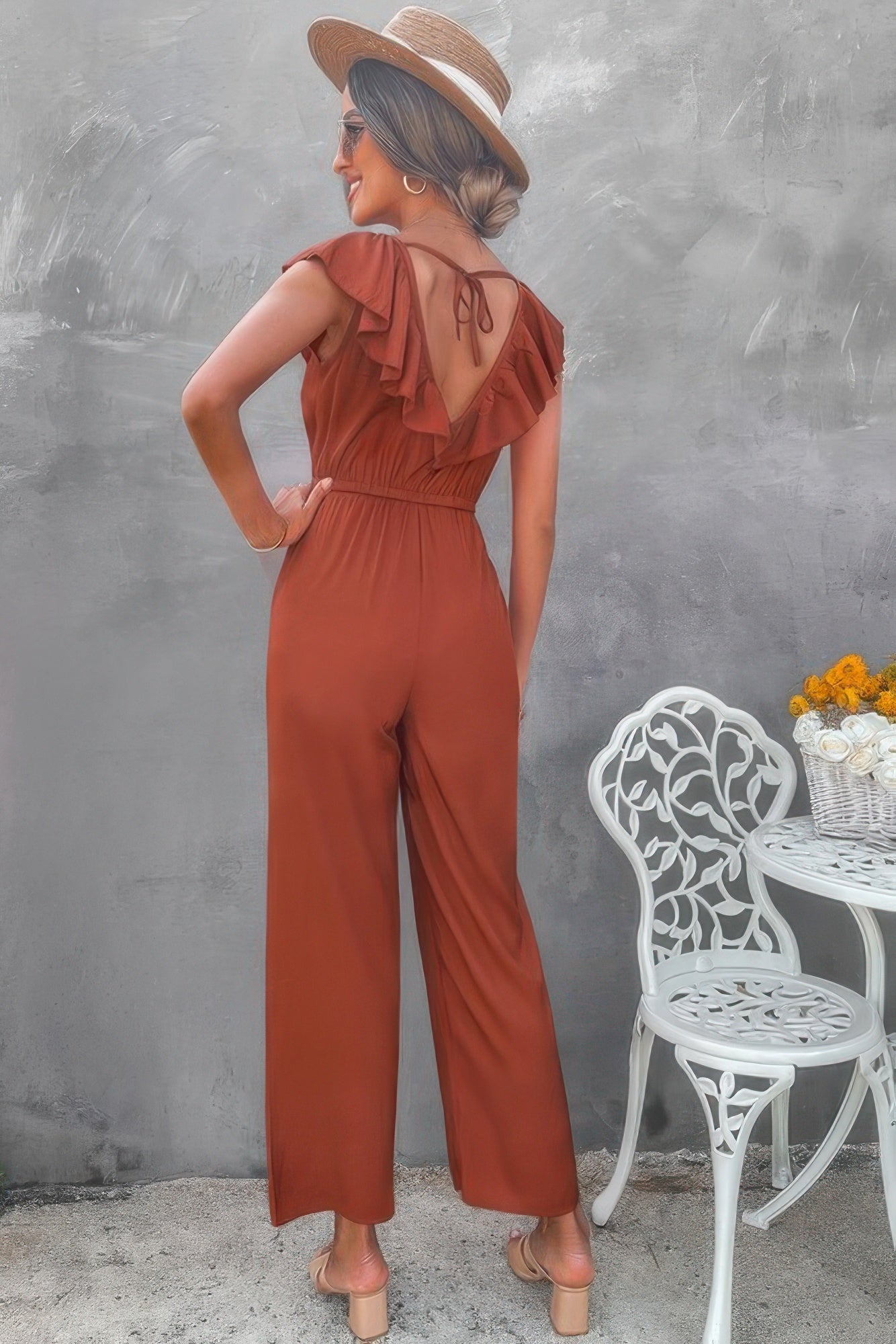 Solid Ruffle Trim V Neck Fit Jumpsuit product image