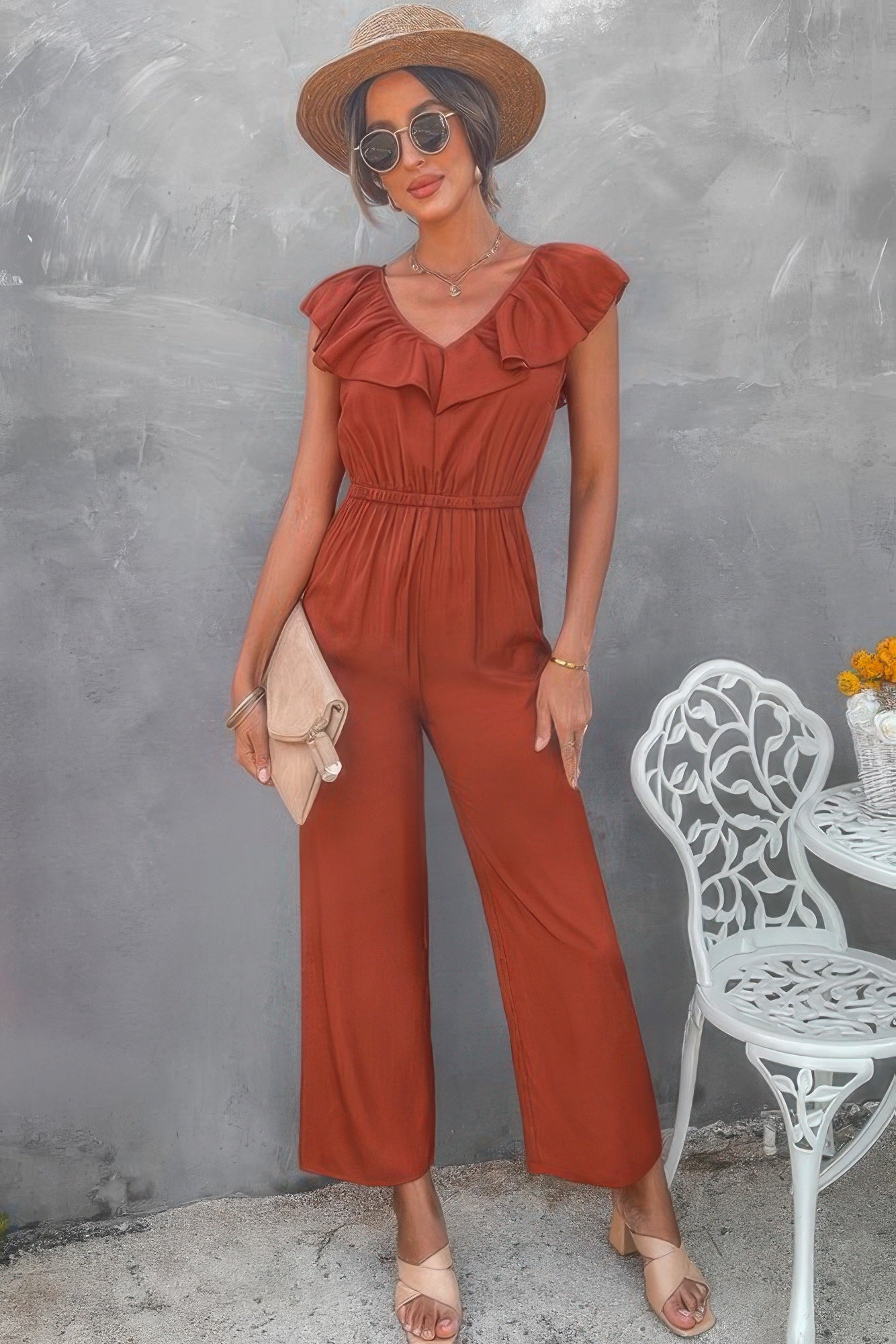 Solid Ruffle Trim V Neck Fit Jumpsuit product image