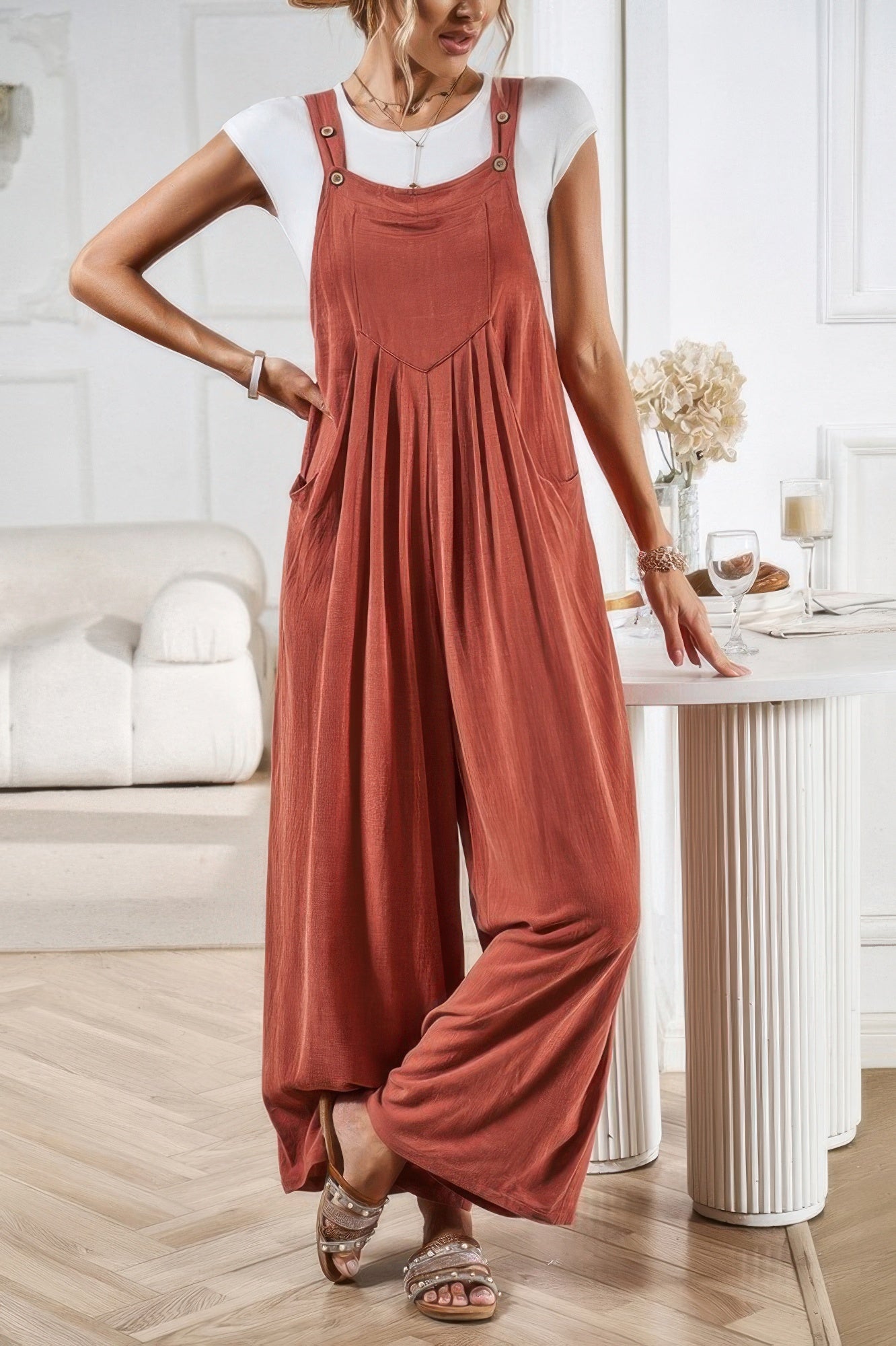 Button Detail Wide Leg Overall Pockets Jumpsuit product image