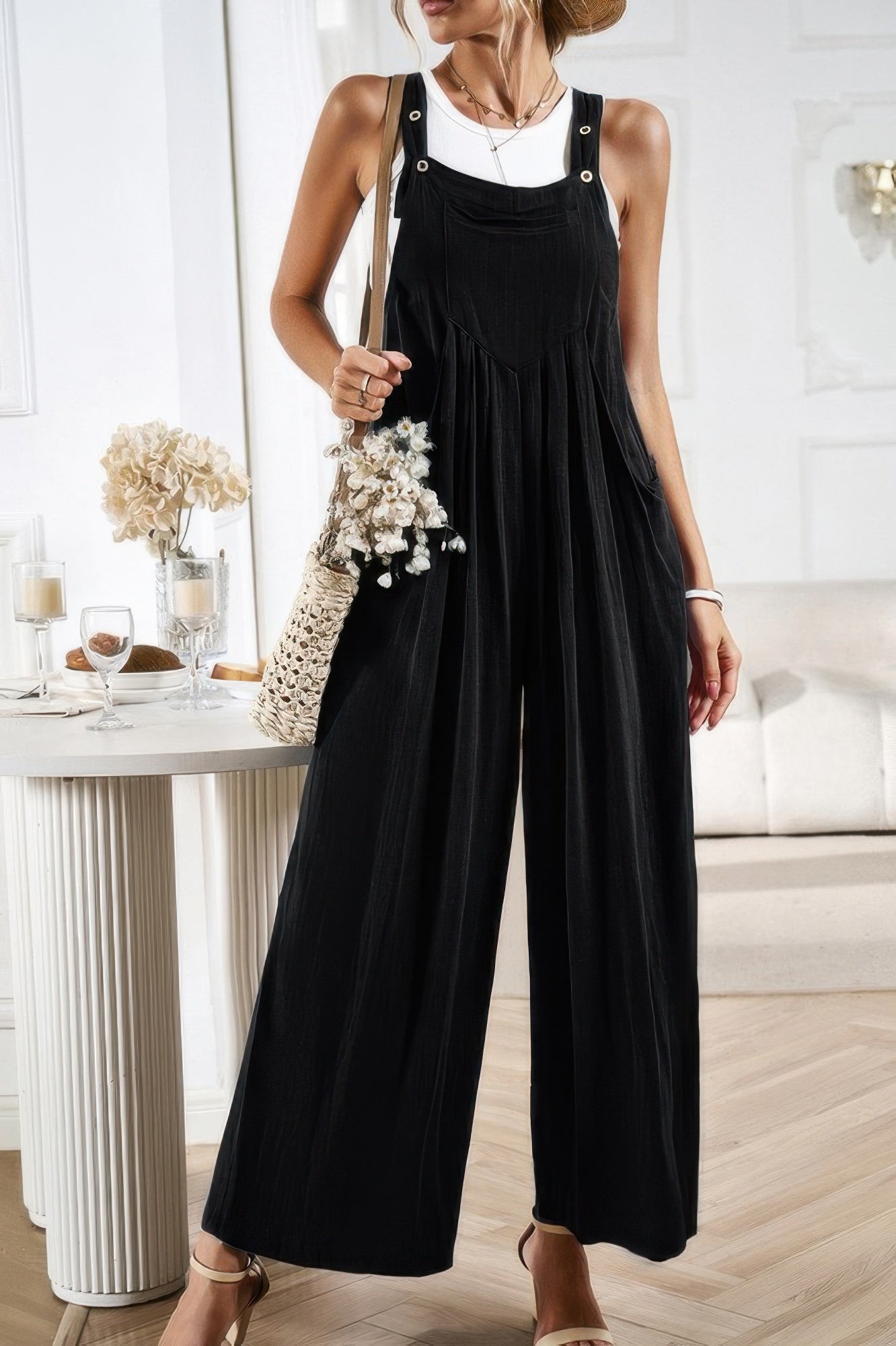 Button Detail Wide Leg Overall Pockets Jumpsuit product image