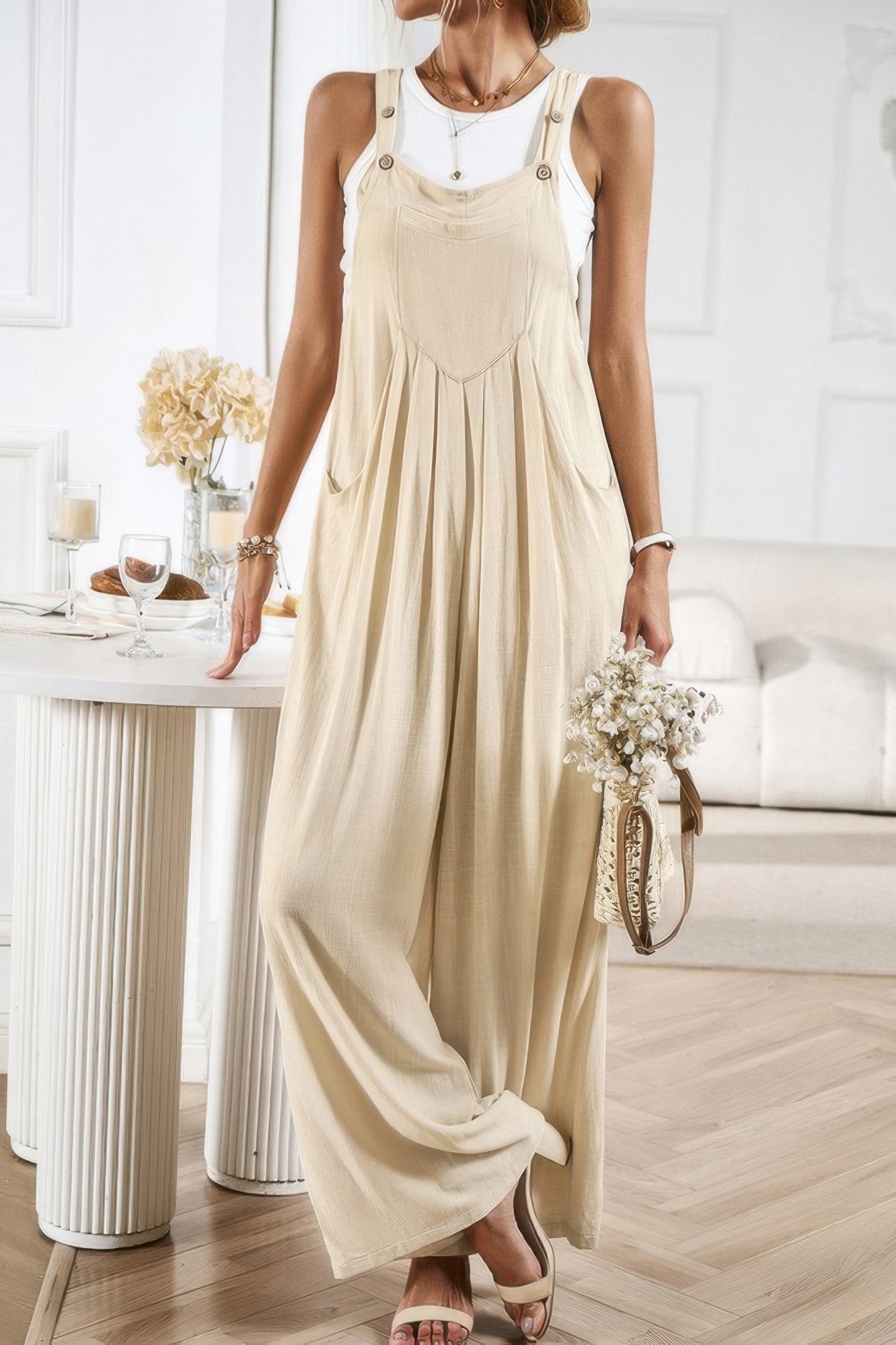 Button Detail Wide Leg Overall Pockets Jumpsuit product image