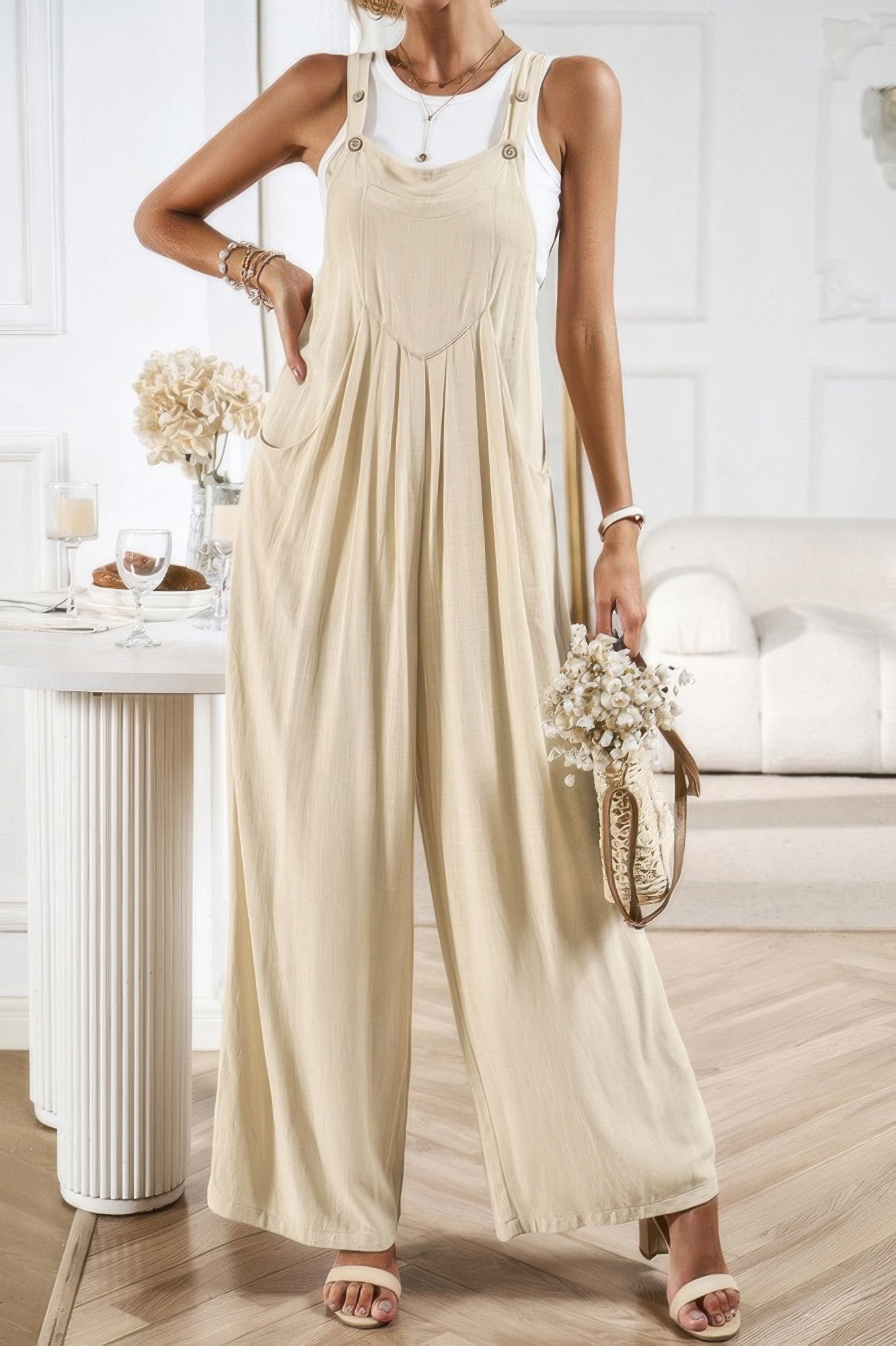 Button Detail Wide Leg Overall Pockets Jumpsuit product image