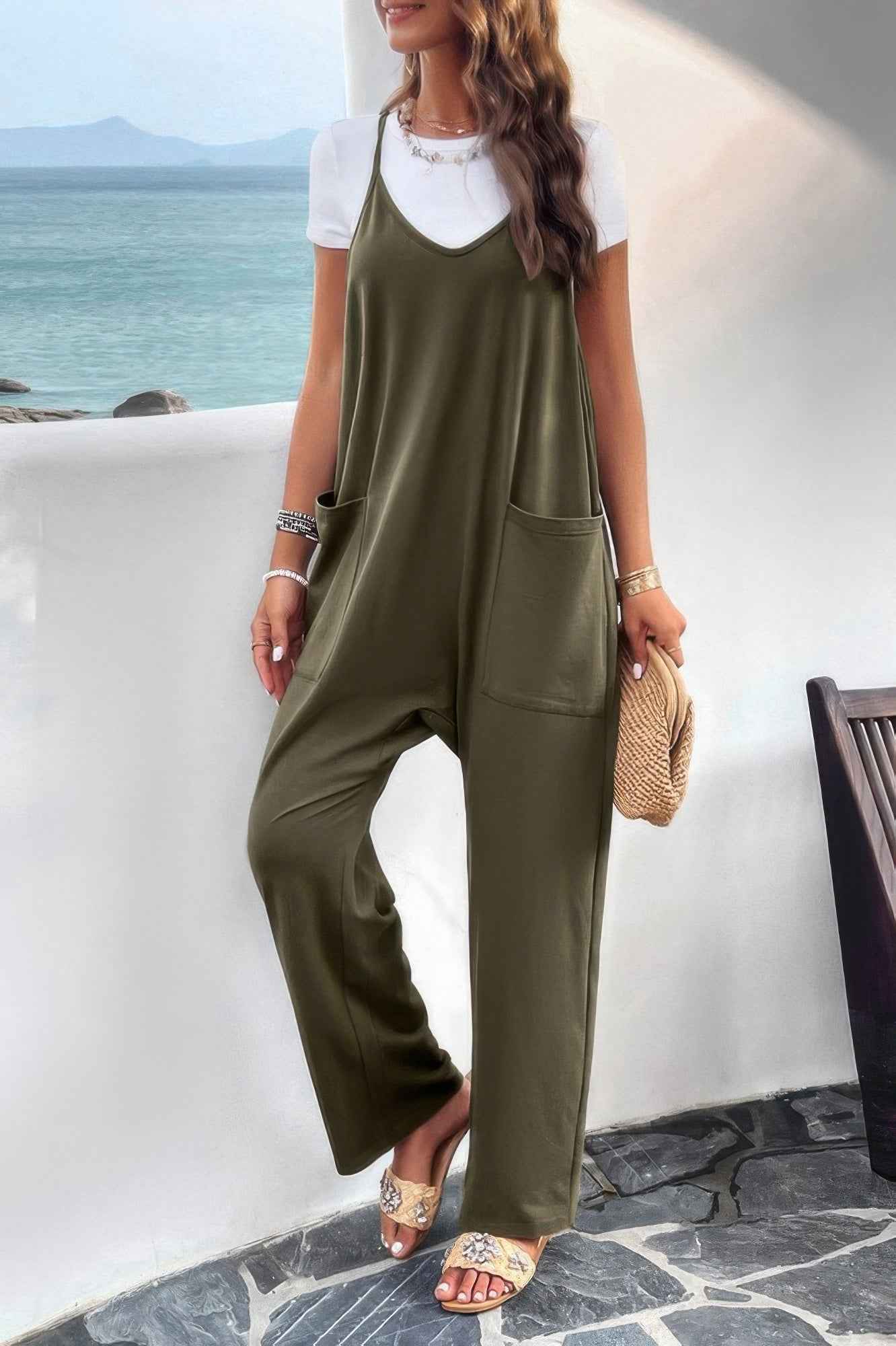 Pocketed Spaghetti Strap Loose Sleeveless Jumpsuit Pocketed Spaghetti Strap Loose Sleeveless Jumpsuit