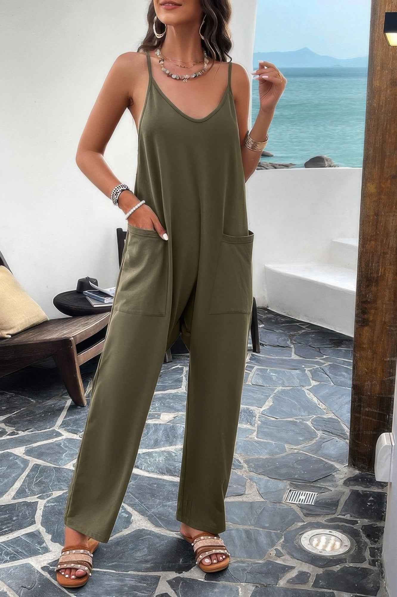 Pocketed Spaghetti Strap Loose Sleeveless Jumpsuit Pocketed Spaghetti Strap Loose Sleeveless Jumpsuit