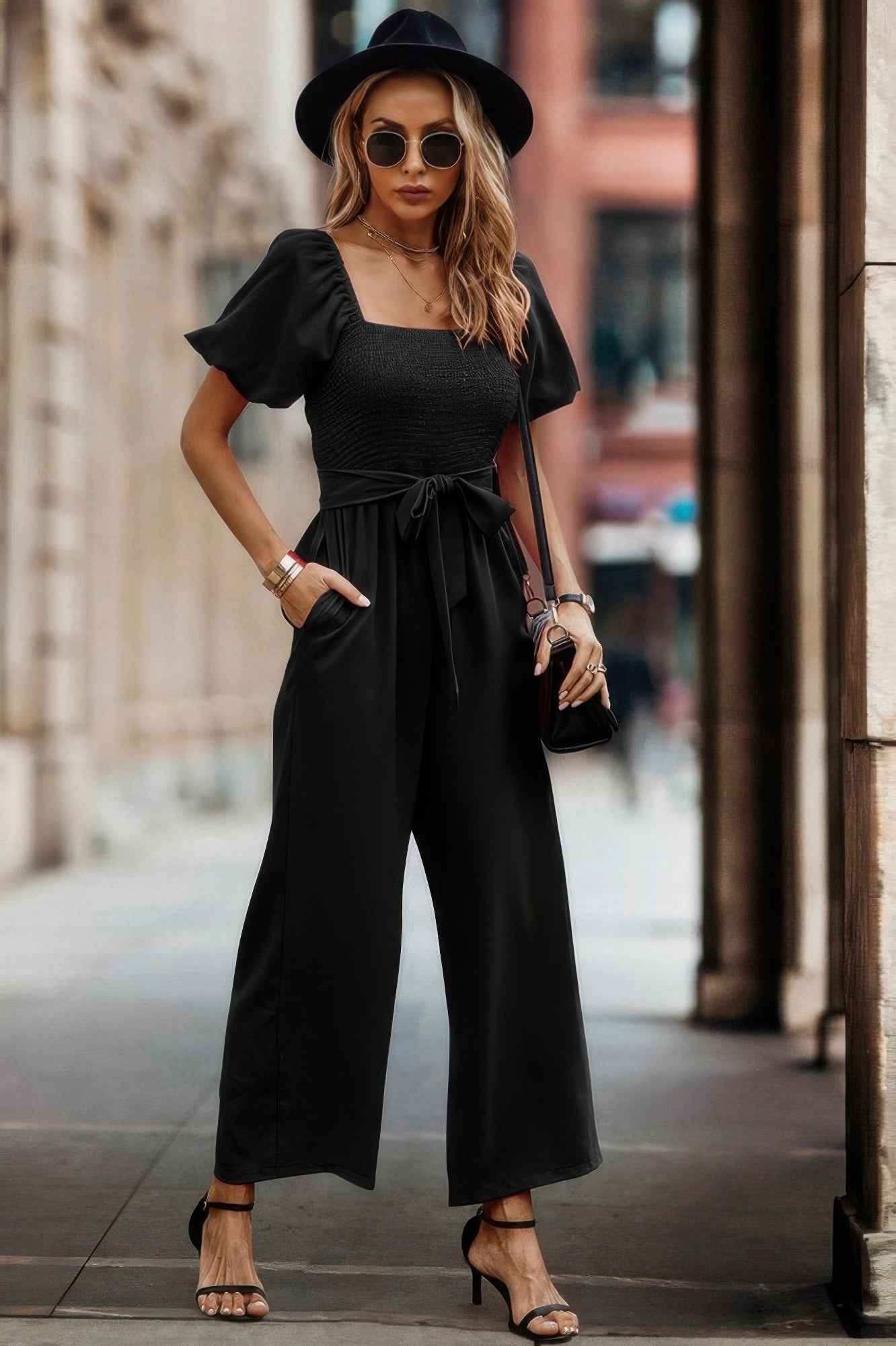 Square Neck Puff Sleeve Belted Fit Jumpsuit Square Neck Puff Sleeve Belted Fit Jumpsuit