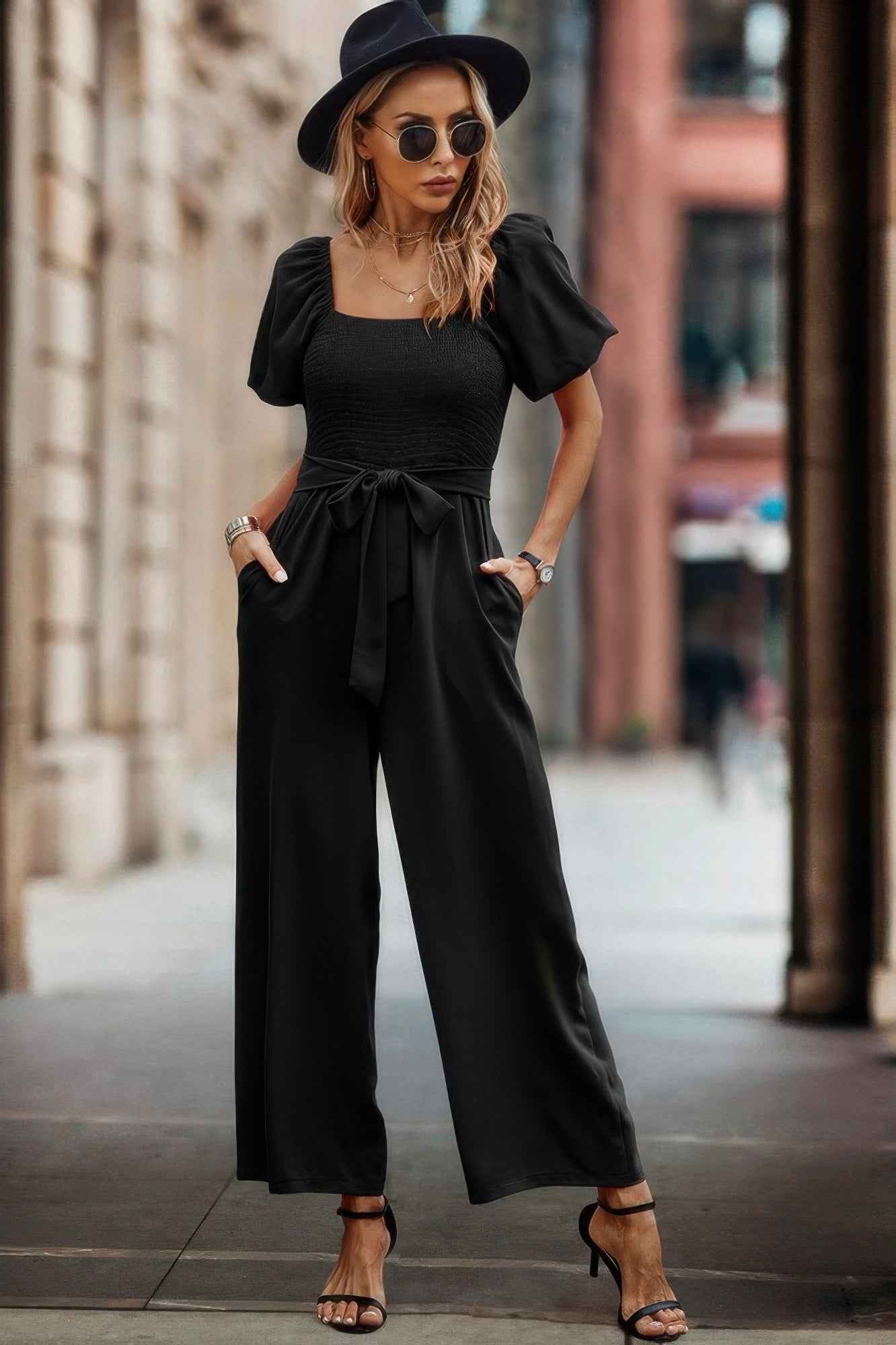 Square Neck Puff Sleeve Belted Fit Jumpsuit Square Neck Puff Sleeve Belted Fit Jumpsuit