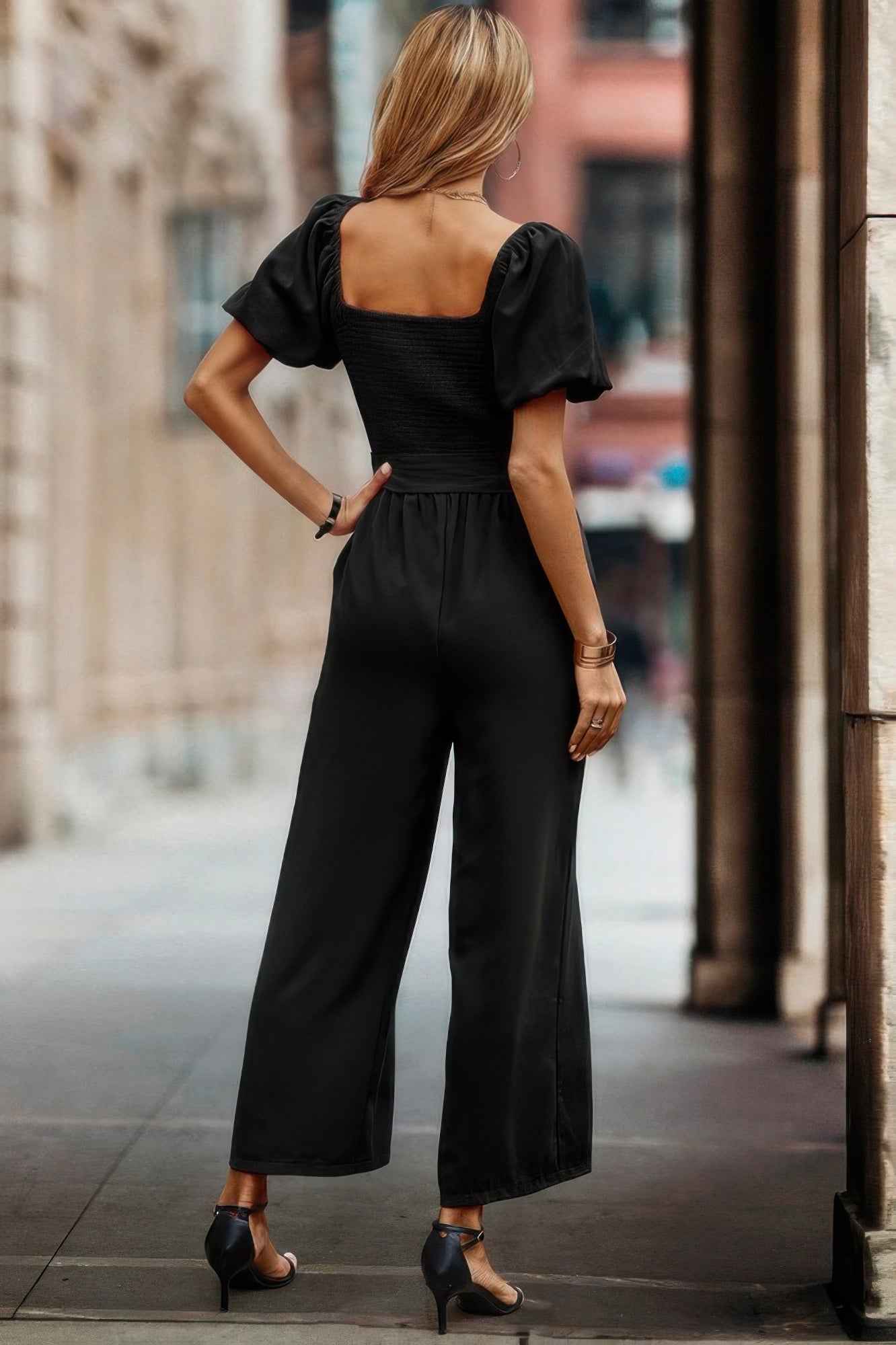 Square Neck Puff Sleeve Belted Fit Jumpsuit Square Neck Puff Sleeve Belted Fit Jumpsuit