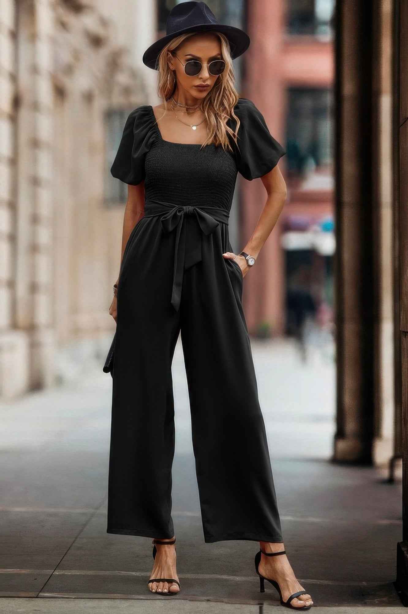 Square Neck Puff Sleeve Belted Fit Jumpsuit Square Neck Puff Sleeve Belted Fit Jumpsuit