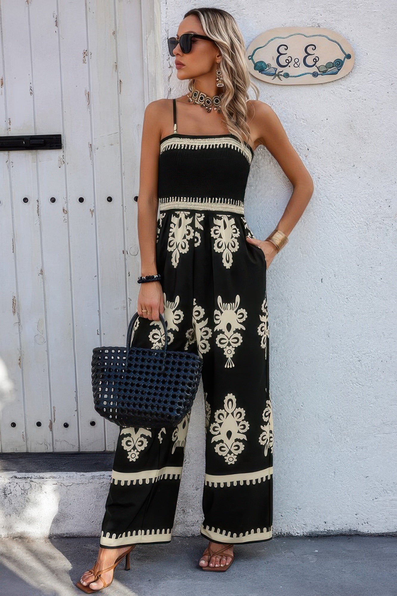 Geo Print Off Shoulder High Waist Fit Jumpsuit product image