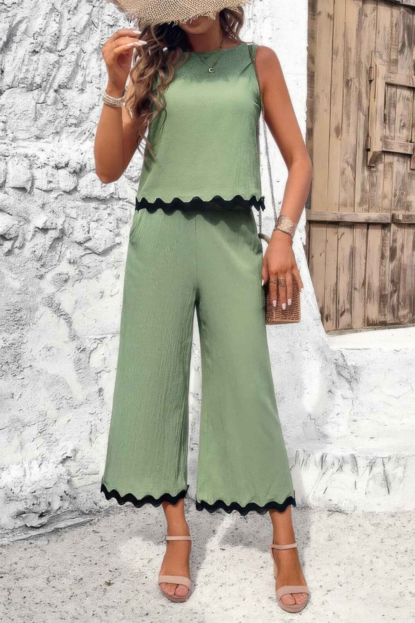 Two Pieces Printed Sleeveless Pockets Sets Two Pieces Printed Sleeveless Pockets Sets