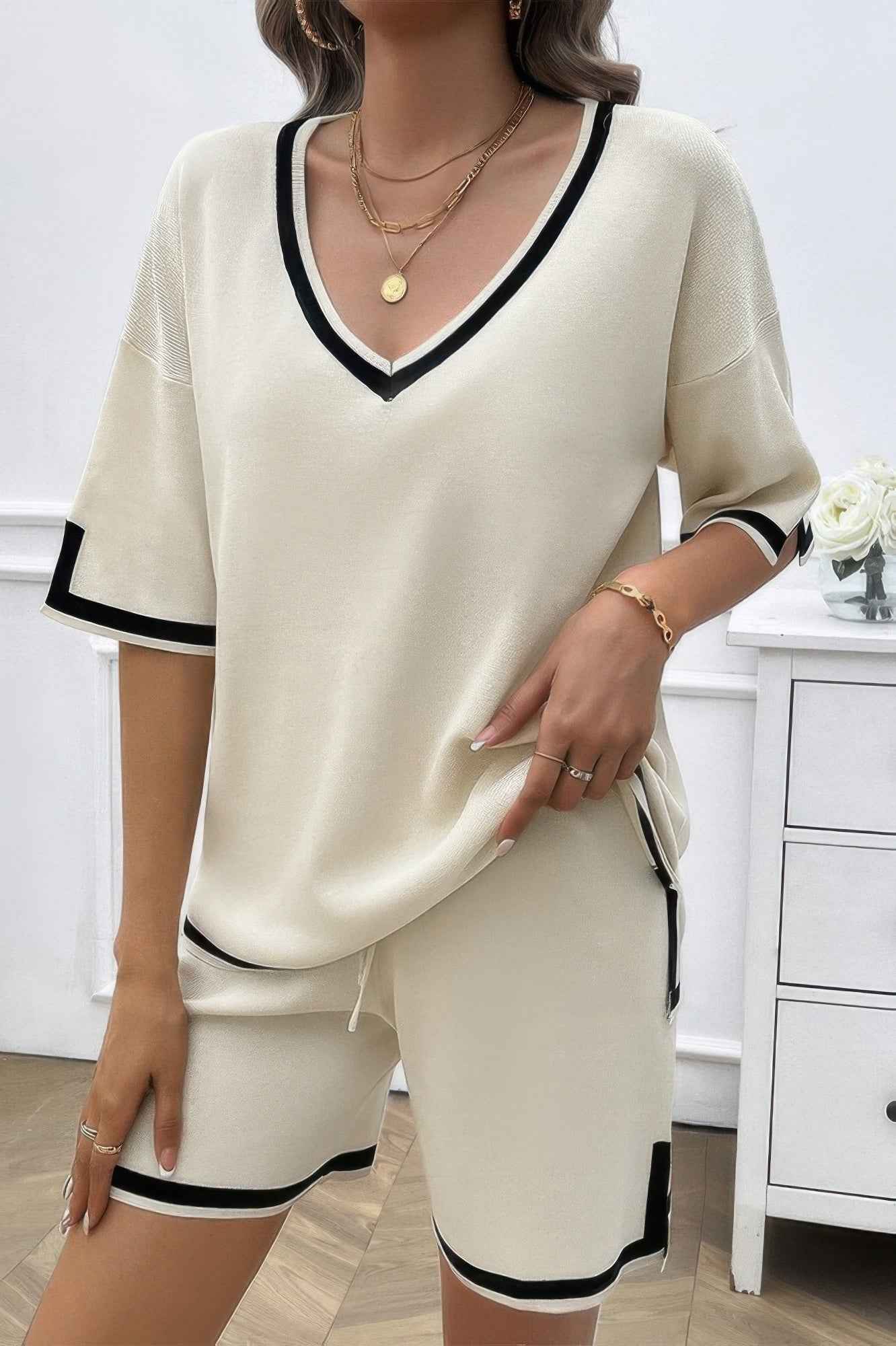 Knit Solid Deep V Neck Loose Drawstring Loose Set Knit Solid Deep V Neck Loose Drawstring Loose Set