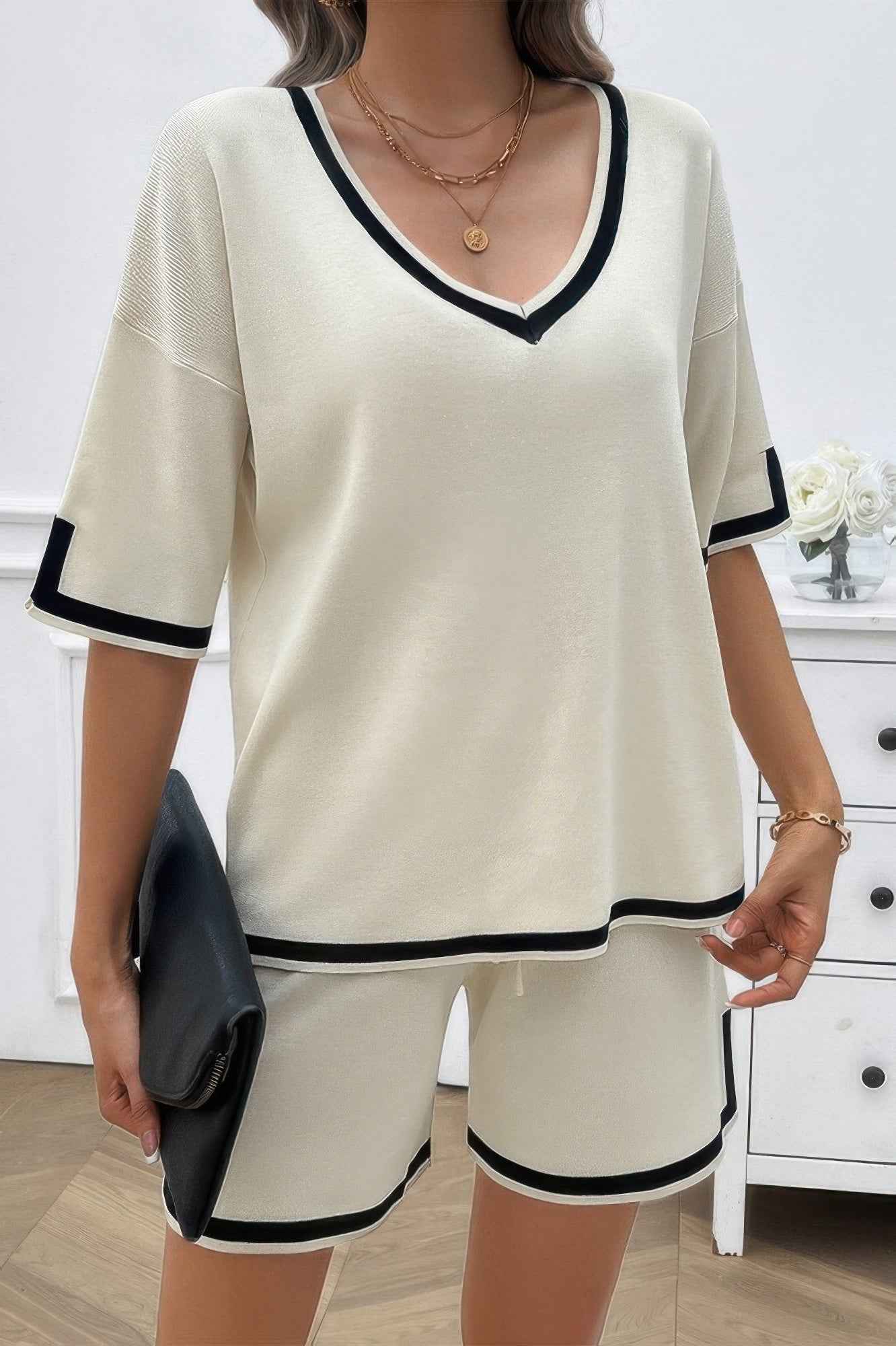 Knit Solid Deep V Neck Loose Drawstring Loose Set Knit Solid Deep V Neck Loose Drawstring Loose Set