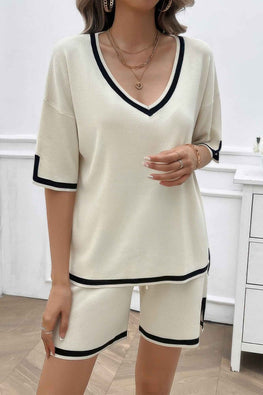 Knit Solid Deep V Neck Loose Drawstring Loose Set