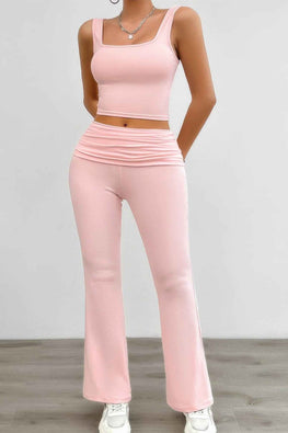 Two Pieces Square Neck Ruched Sleeveless Sets