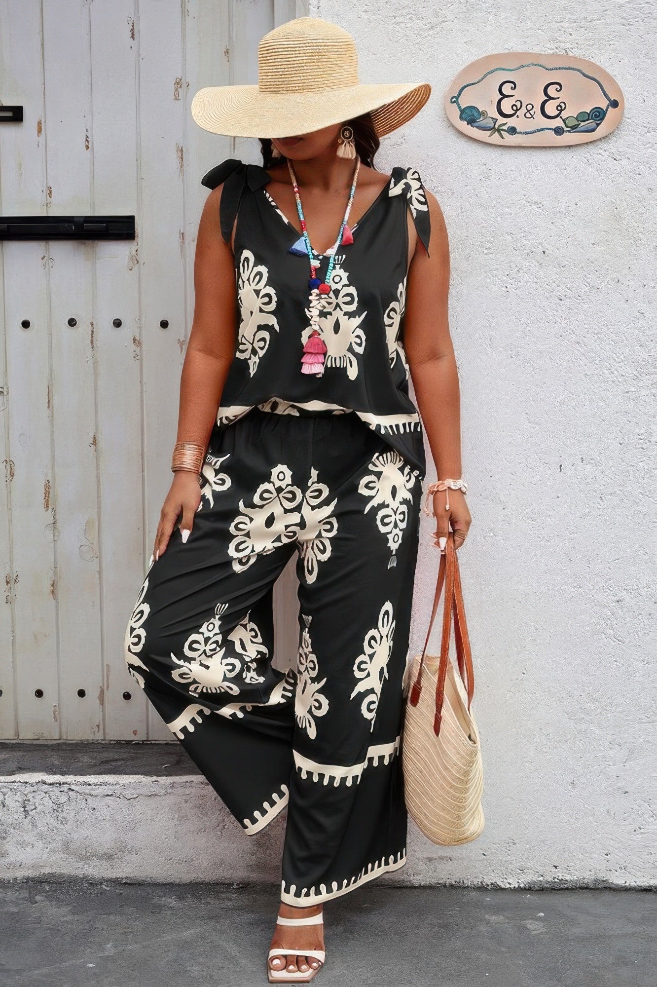 Plus Size Printed Knot Shoulder Wide Leg Sets product image