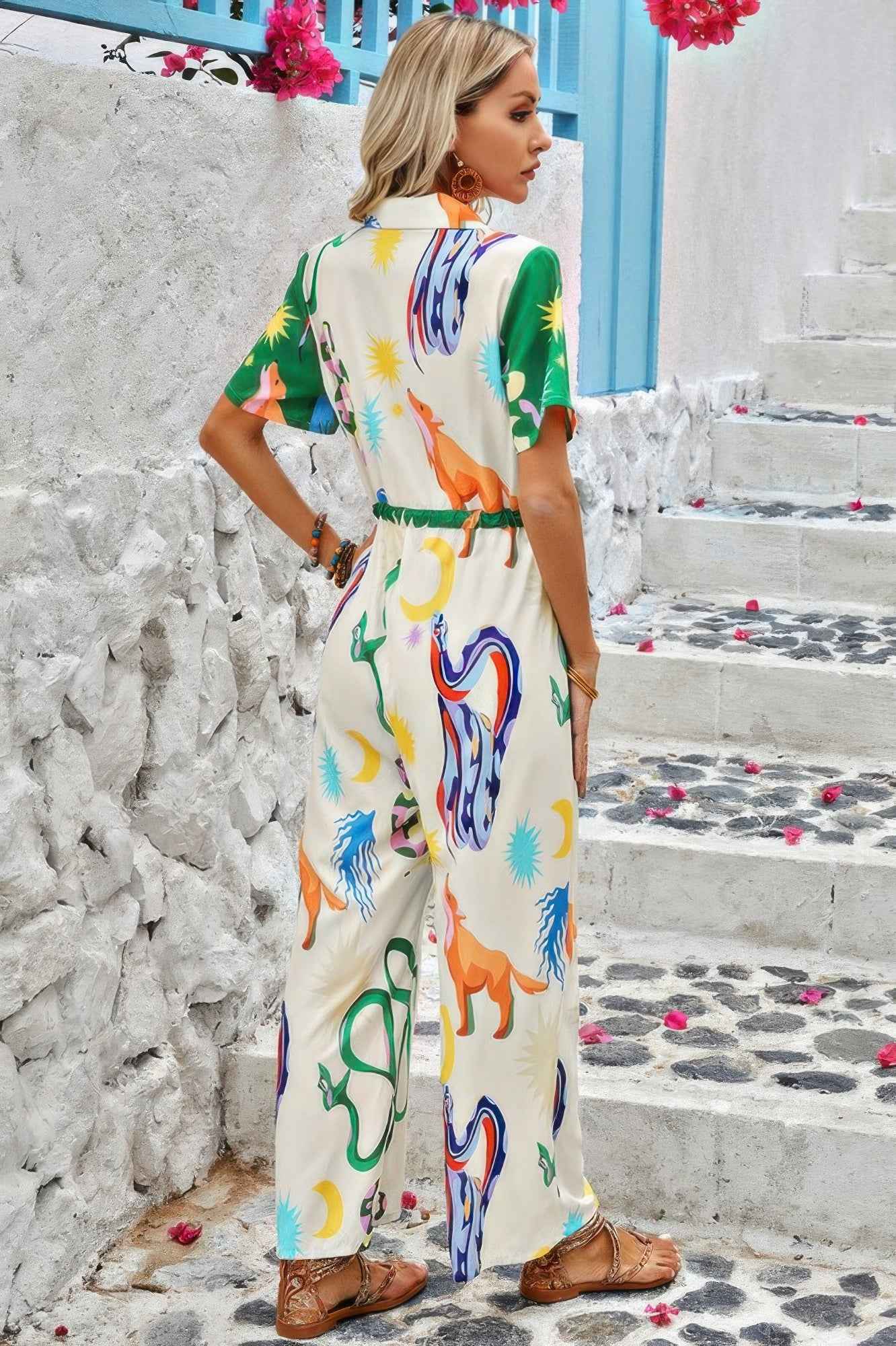 Allover Print Button Up Belt Jumpsuit Allover Print Button Up Belt Jumpsuit