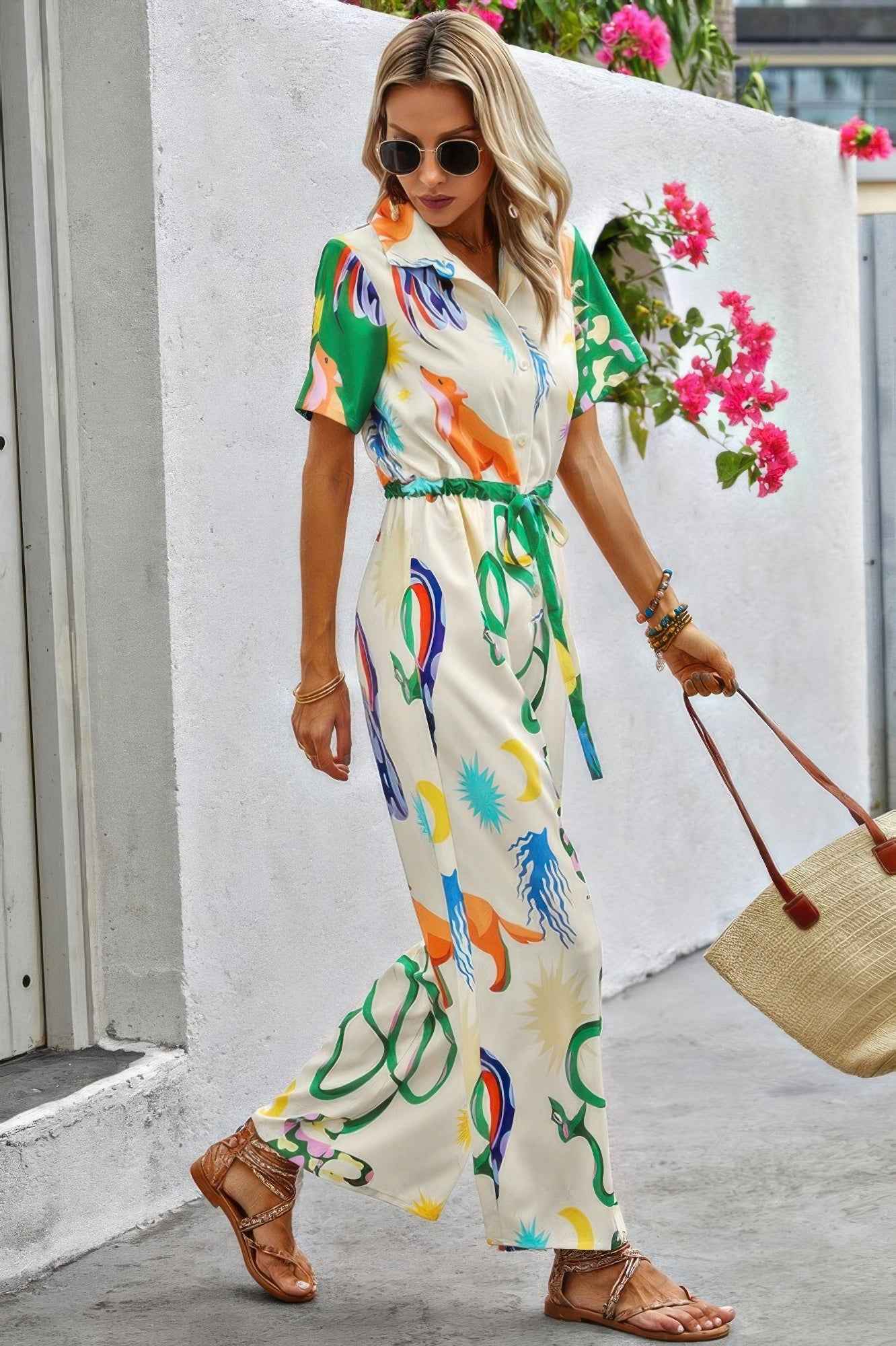 Allover Print Button Up Belt Jumpsuit Allover Print Button Up Belt Jumpsuit