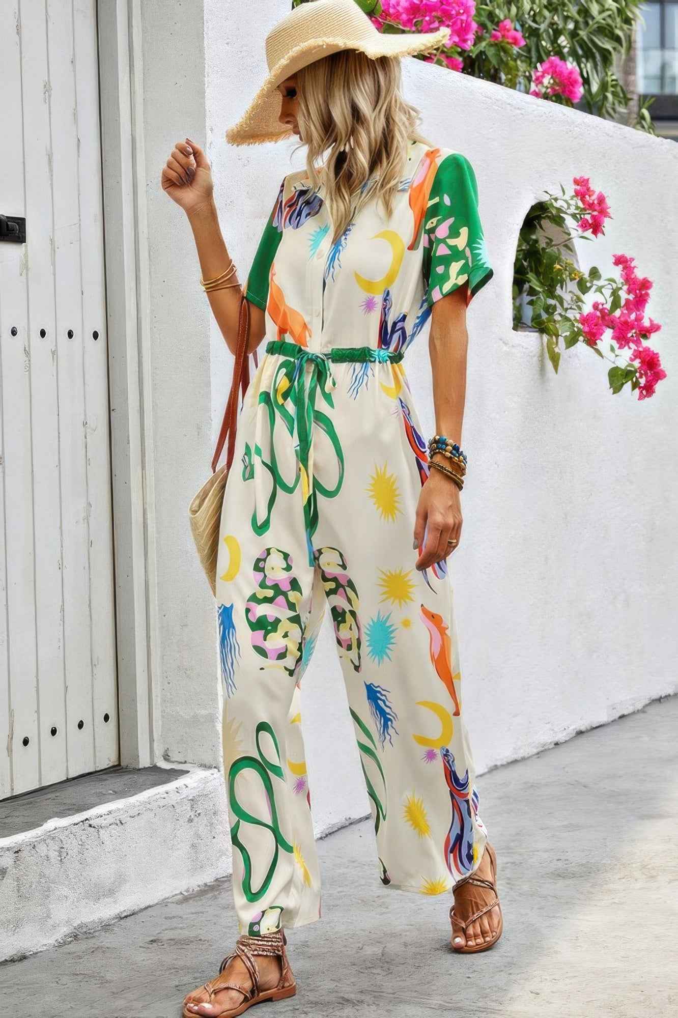 Allover Print Button Up Belt Jumpsuit Allover Print Button Up Belt Jumpsuit