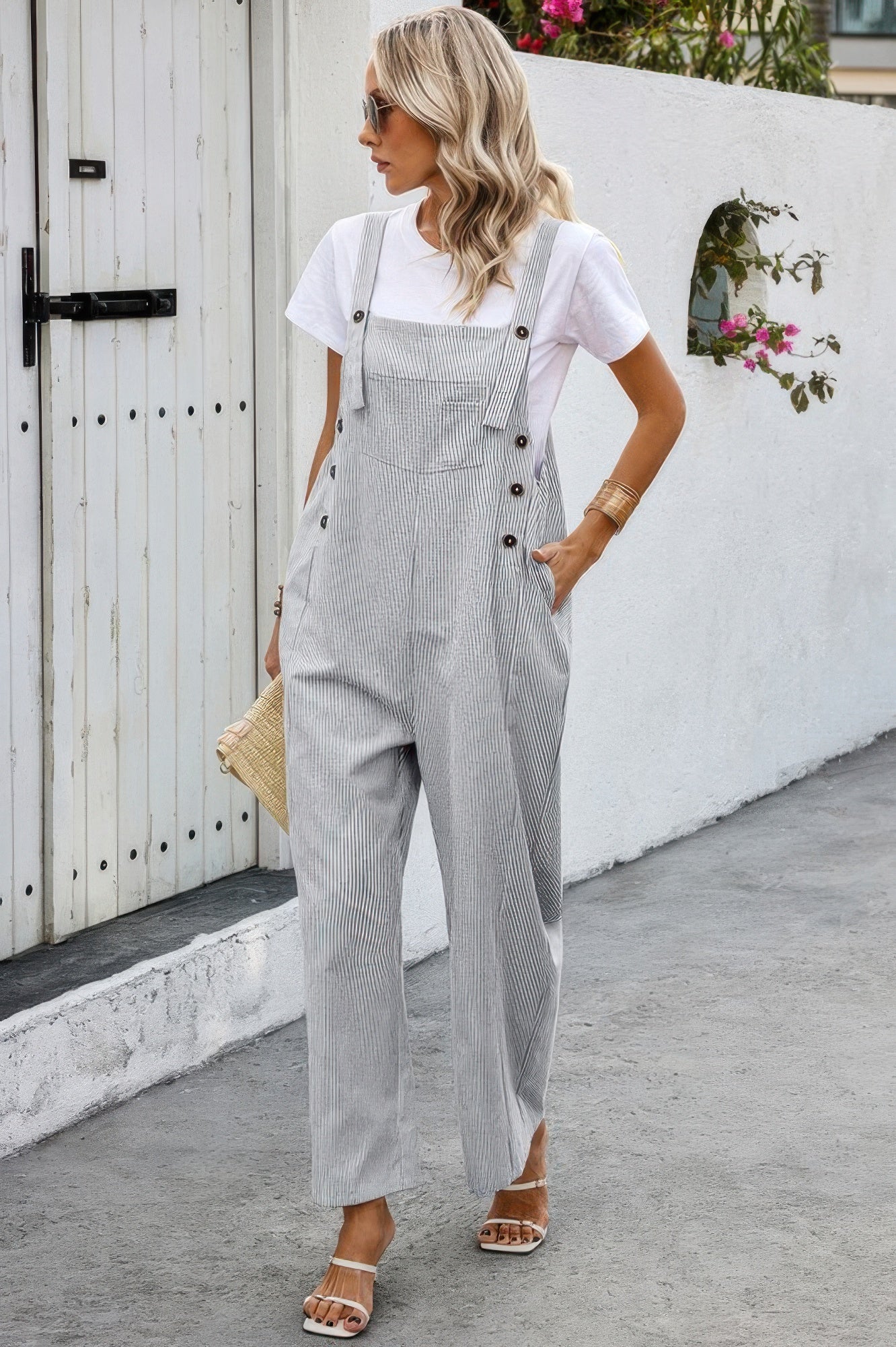 Solid Square Neck Button Trim Pockets Jumpsuit product image