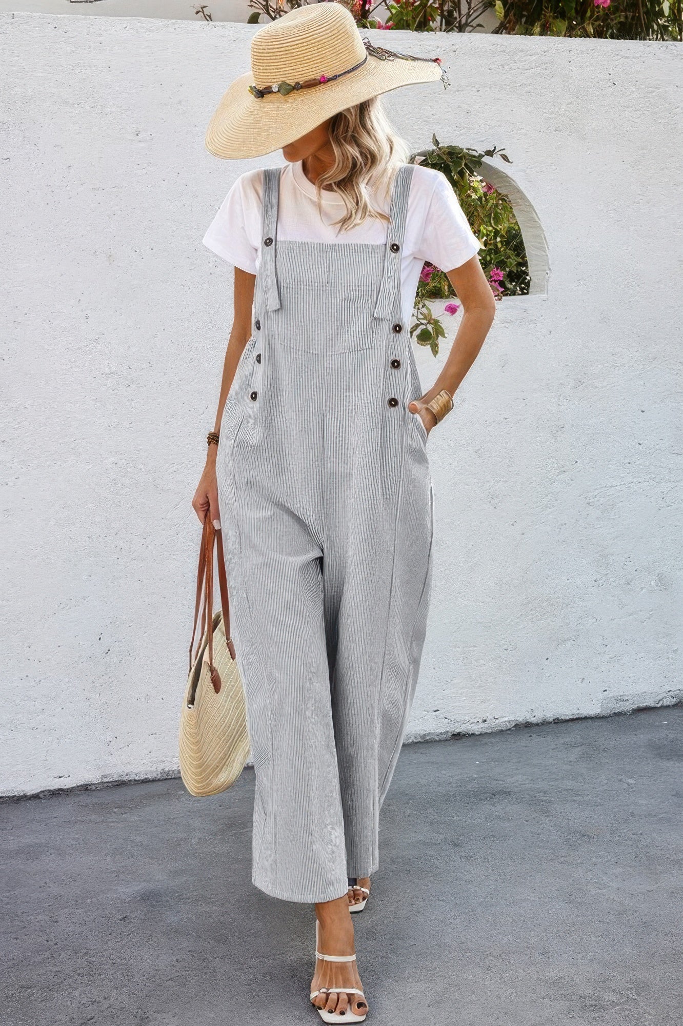 Solid Square Neck Button Trim Pockets Jumpsuit product image