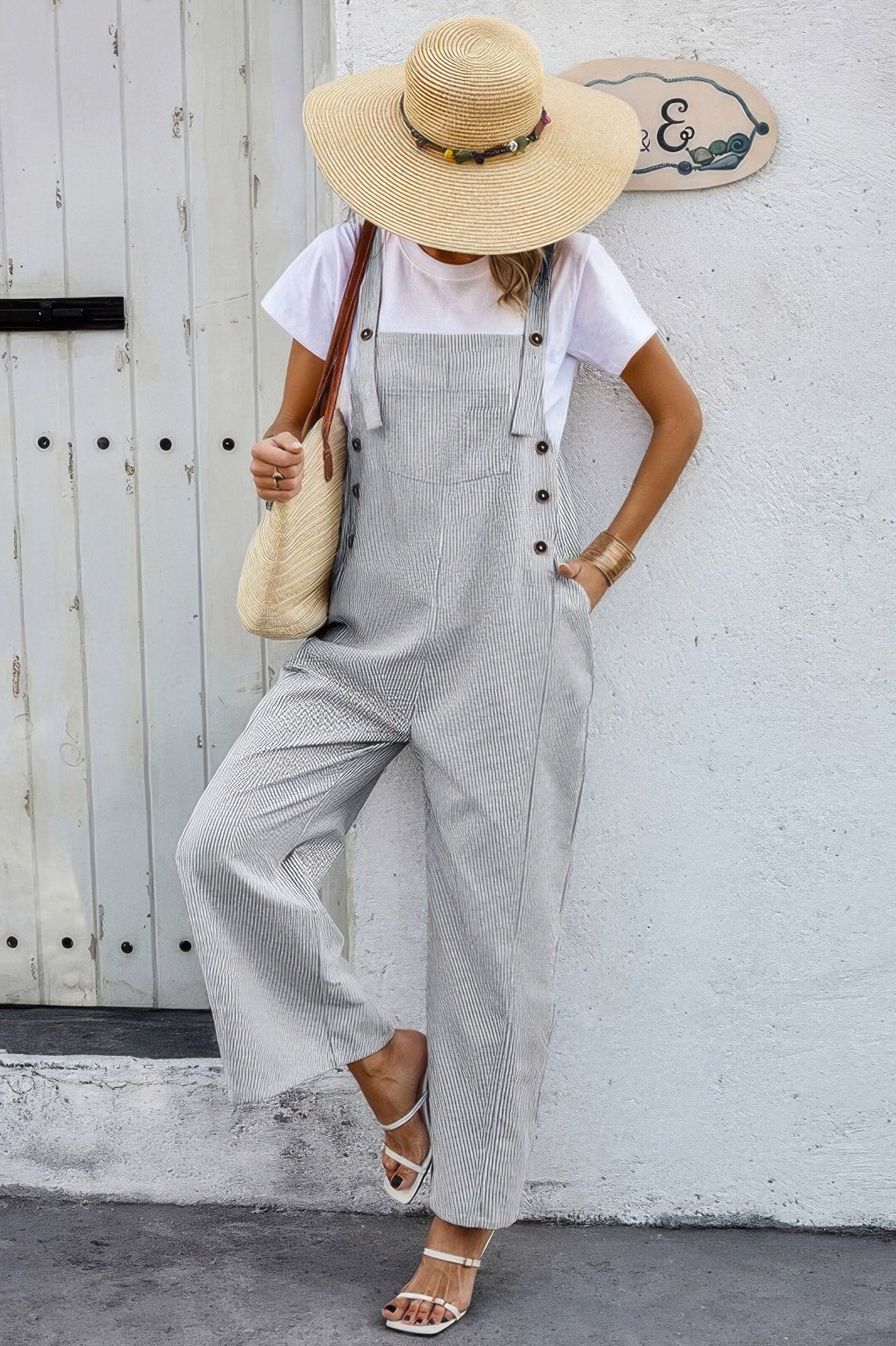 Solid Square Neck Button Trim Pockets Jumpsuit product image
