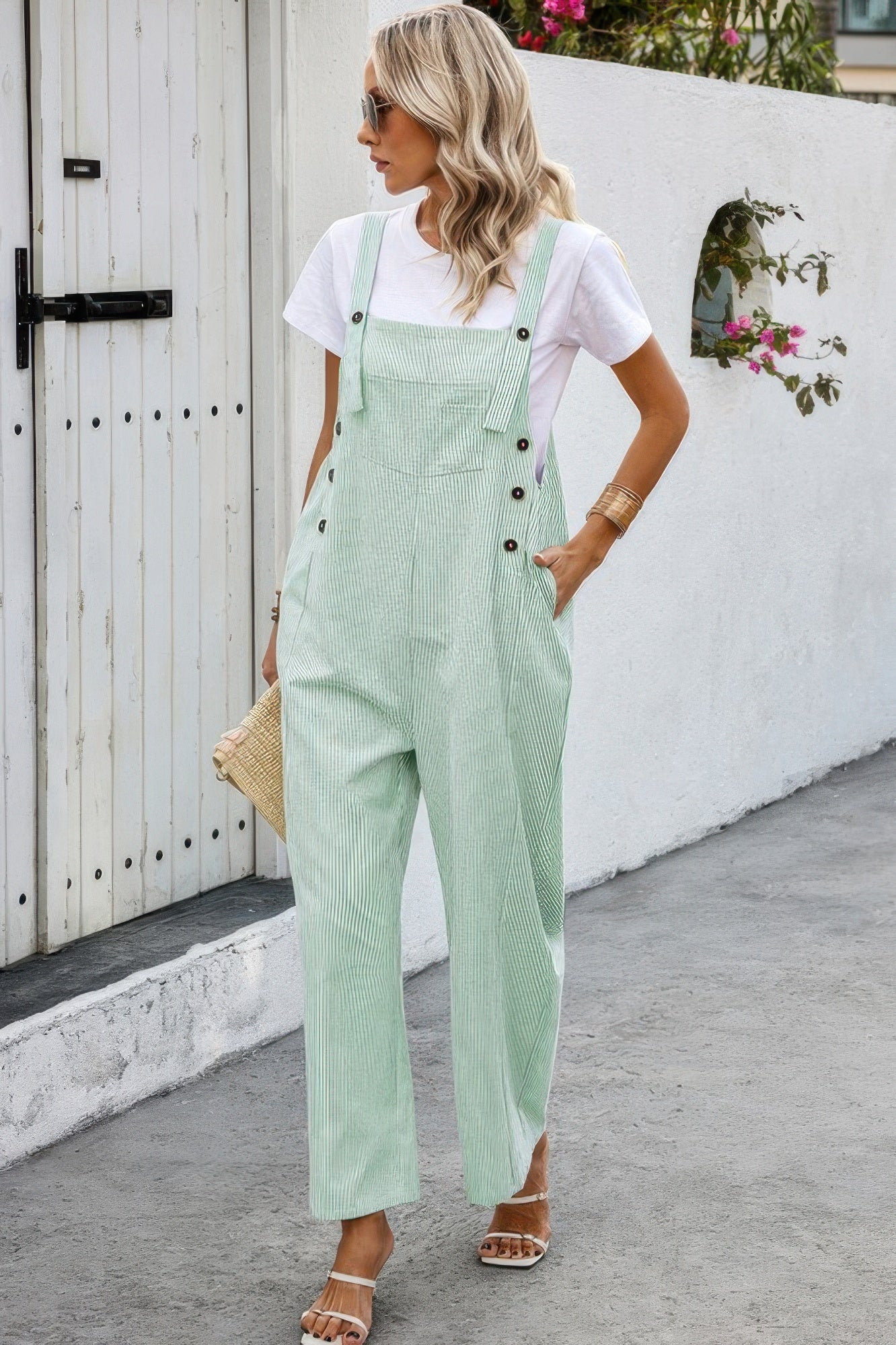 Solid Square Neck Button Trim Pockets Jumpsuit product image