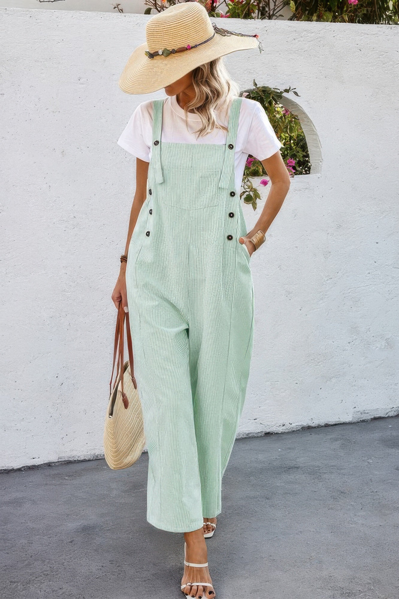 Solid Square Neck Button Trim Pockets Jumpsuit product image