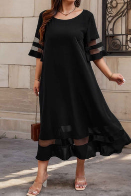 Plus Size Mesh Splicing Round Neck Long Dress