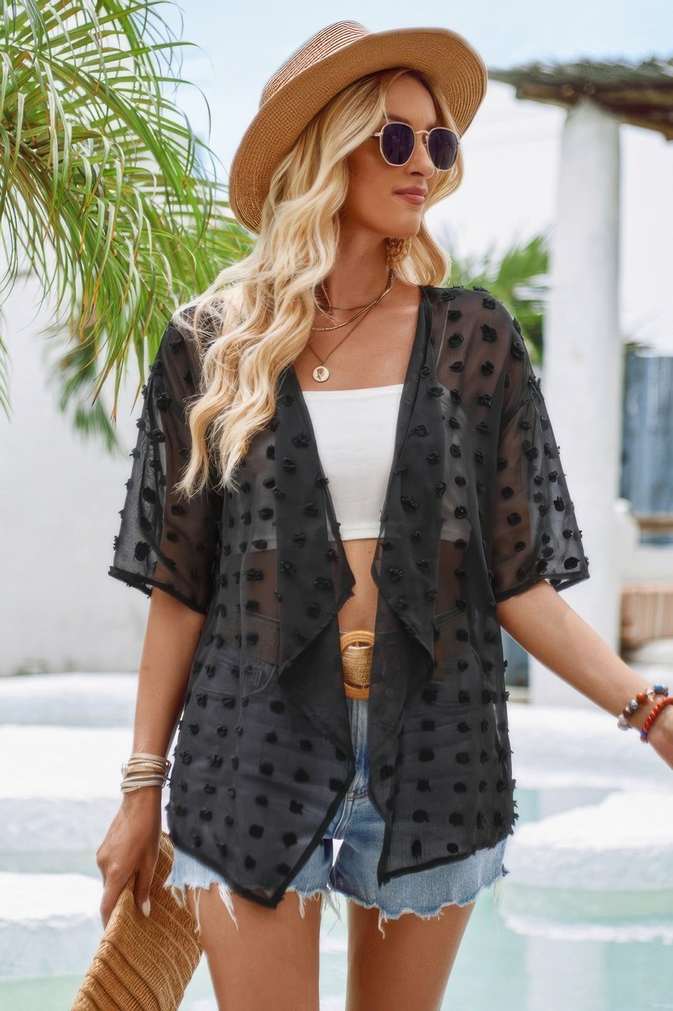 Draped Collar Swiss Dot Cover Up Cardigan Top product image