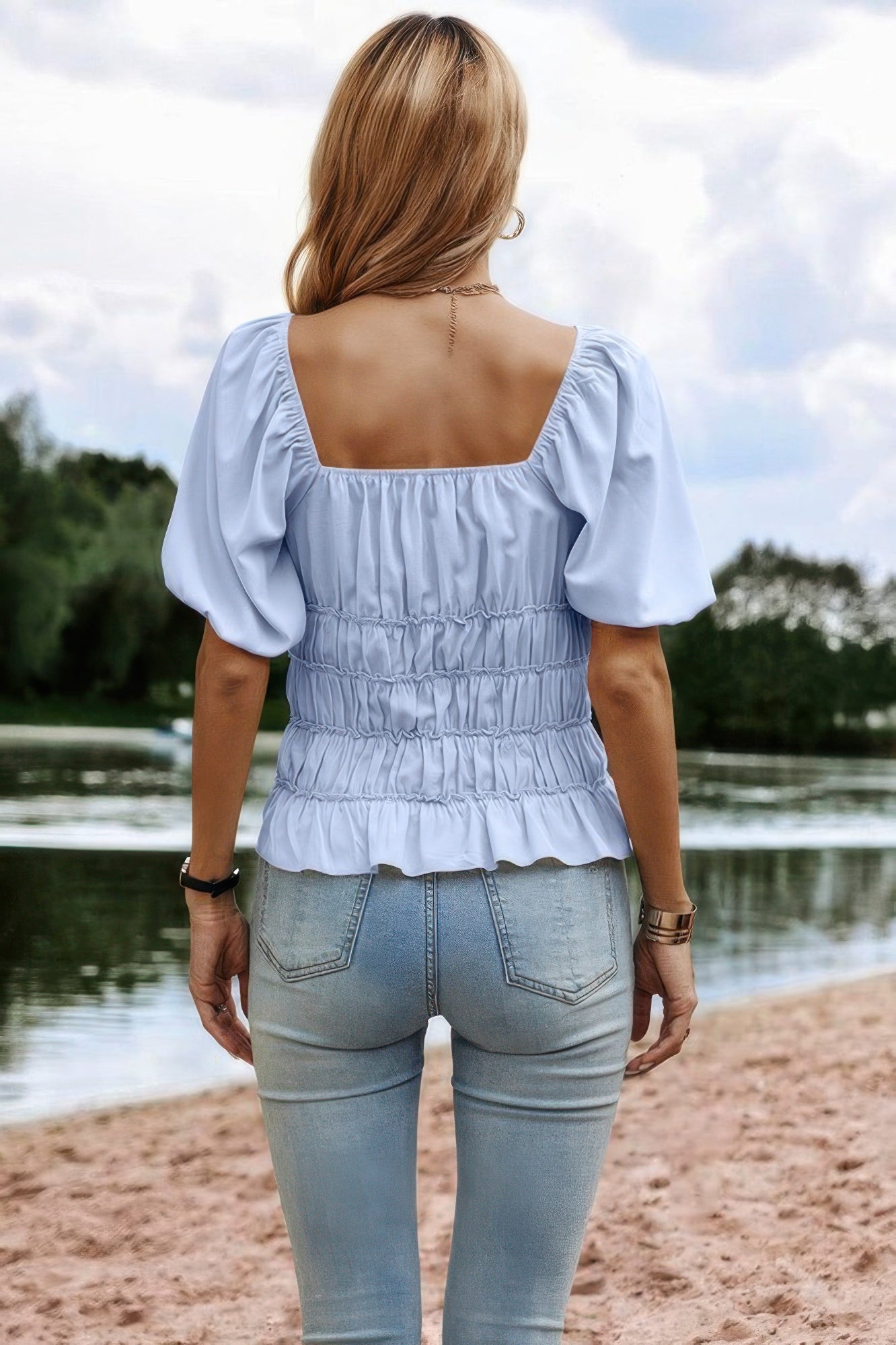 Solid Square Neck Shirred Flounce Sleeve Peplum Blouse product image