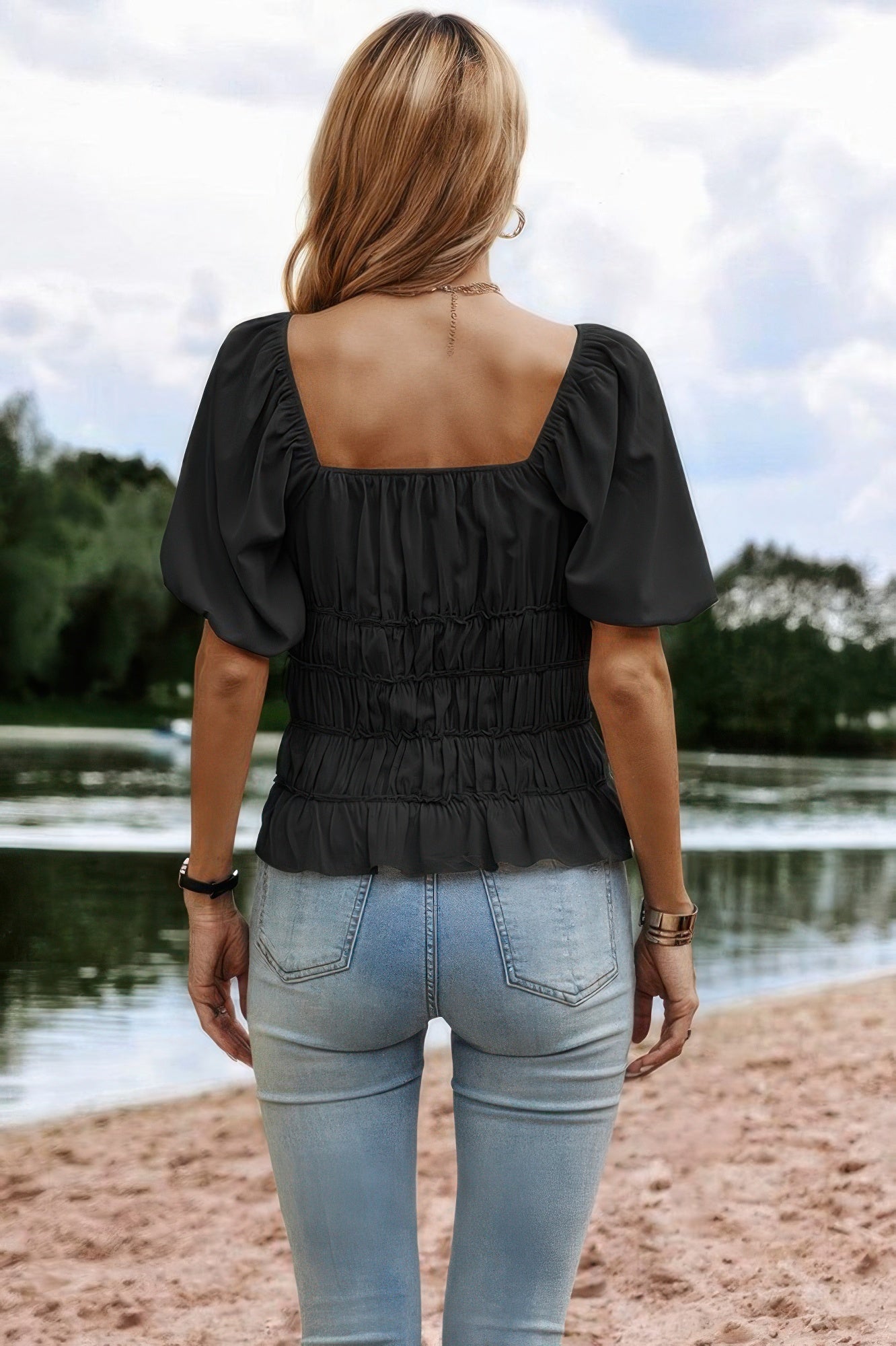 Solid Square Neck Shirred Flounce Sleeve Peplum Blouse product image