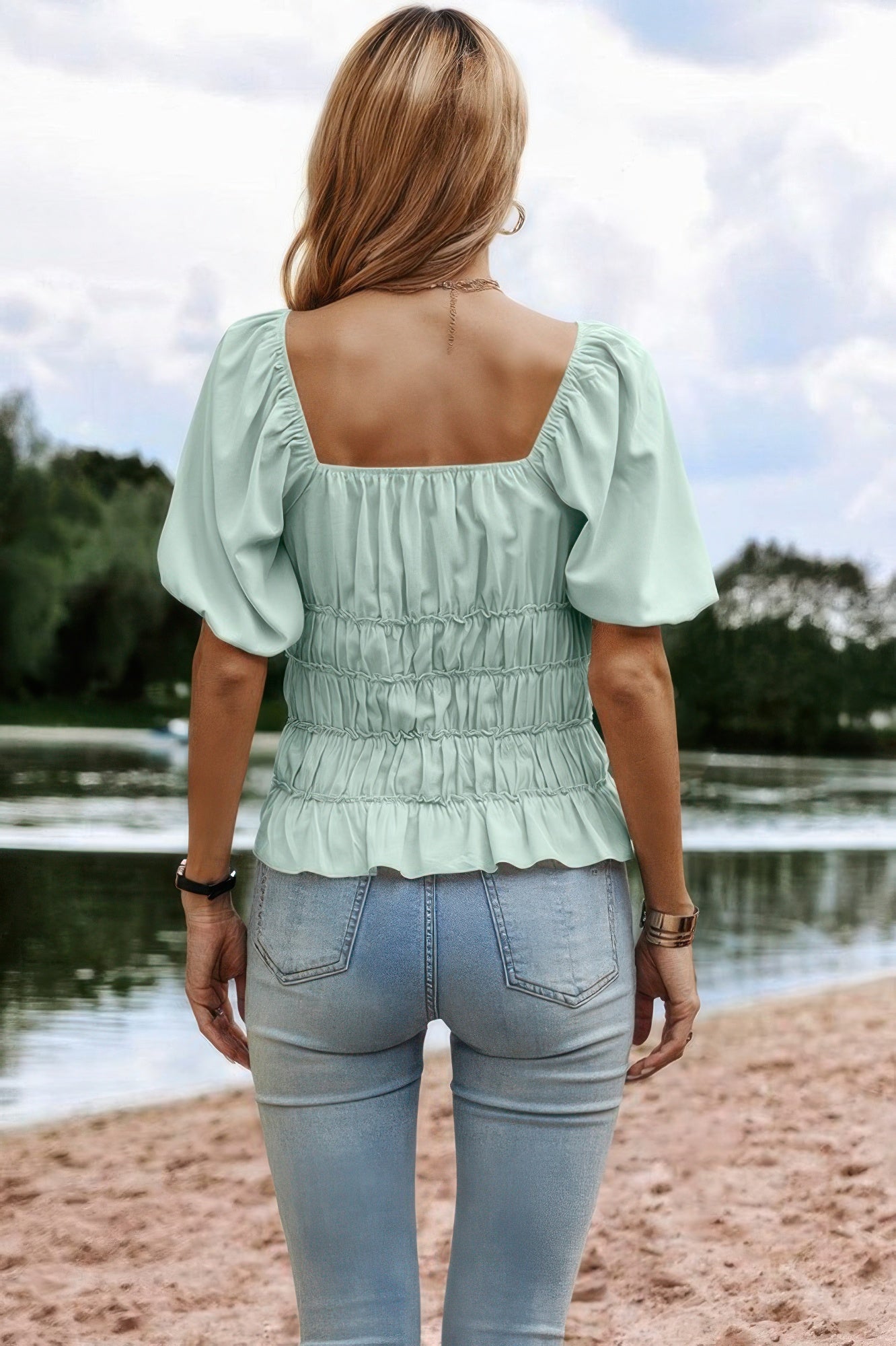 Solid Square Neck Shirred Flounce Sleeve Peplum Blouse product image