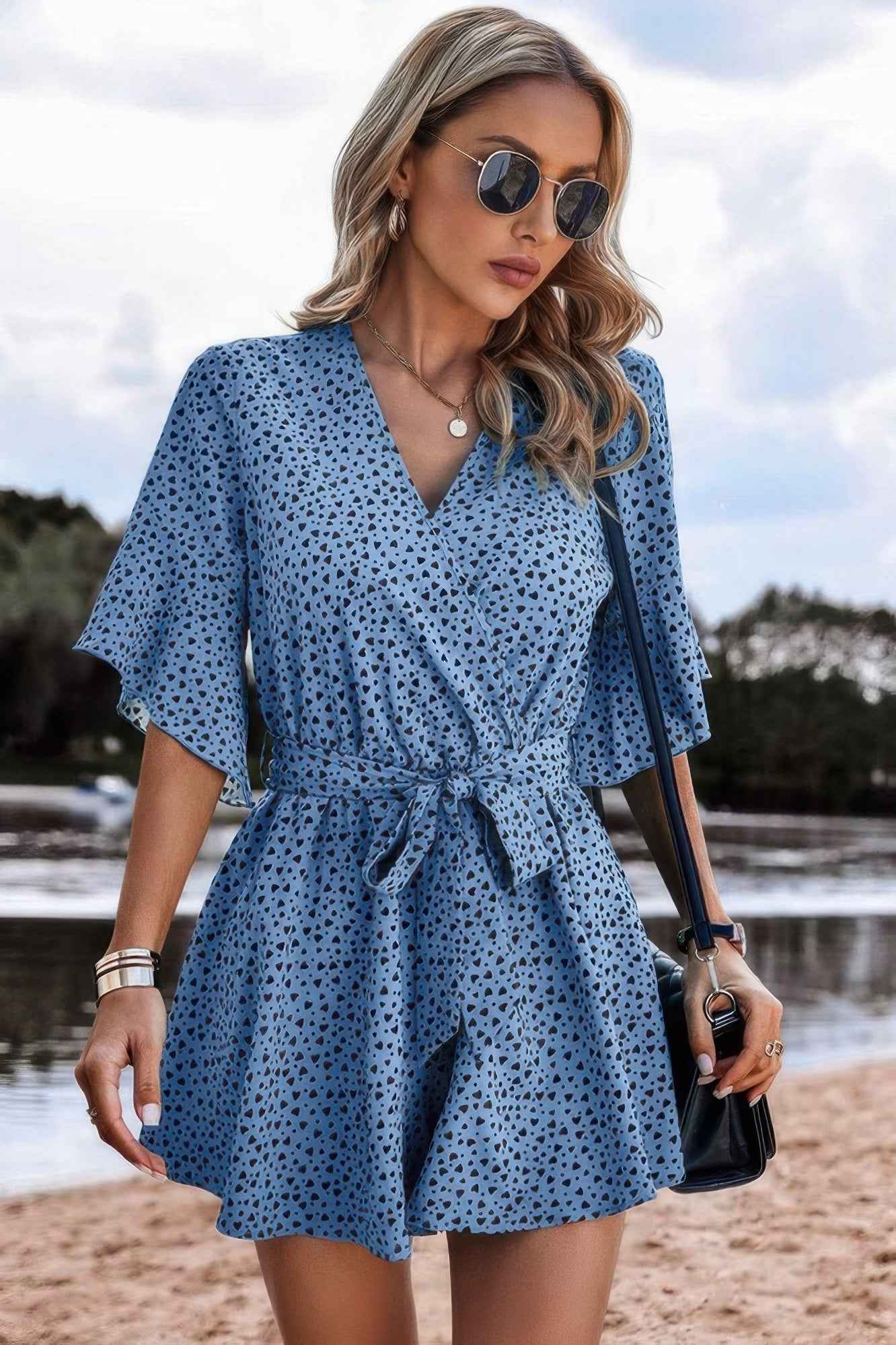 V Neck Ruffled Belted Flared Hemmed Romper V Neck Ruffled Belted Flared Hemmed Romper