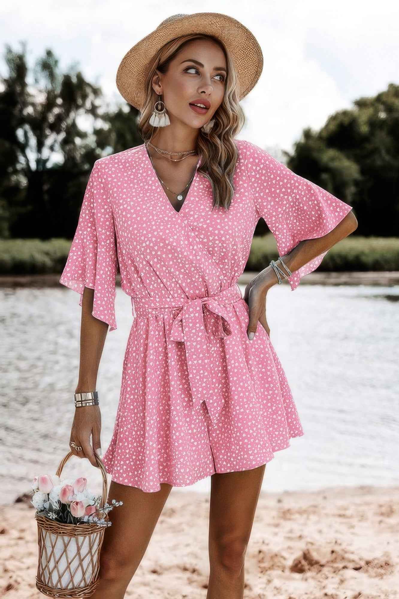 V Neck Ruffled Belted Flared Hemmed Romper V Neck Ruffled Belted Flared Hemmed Romper