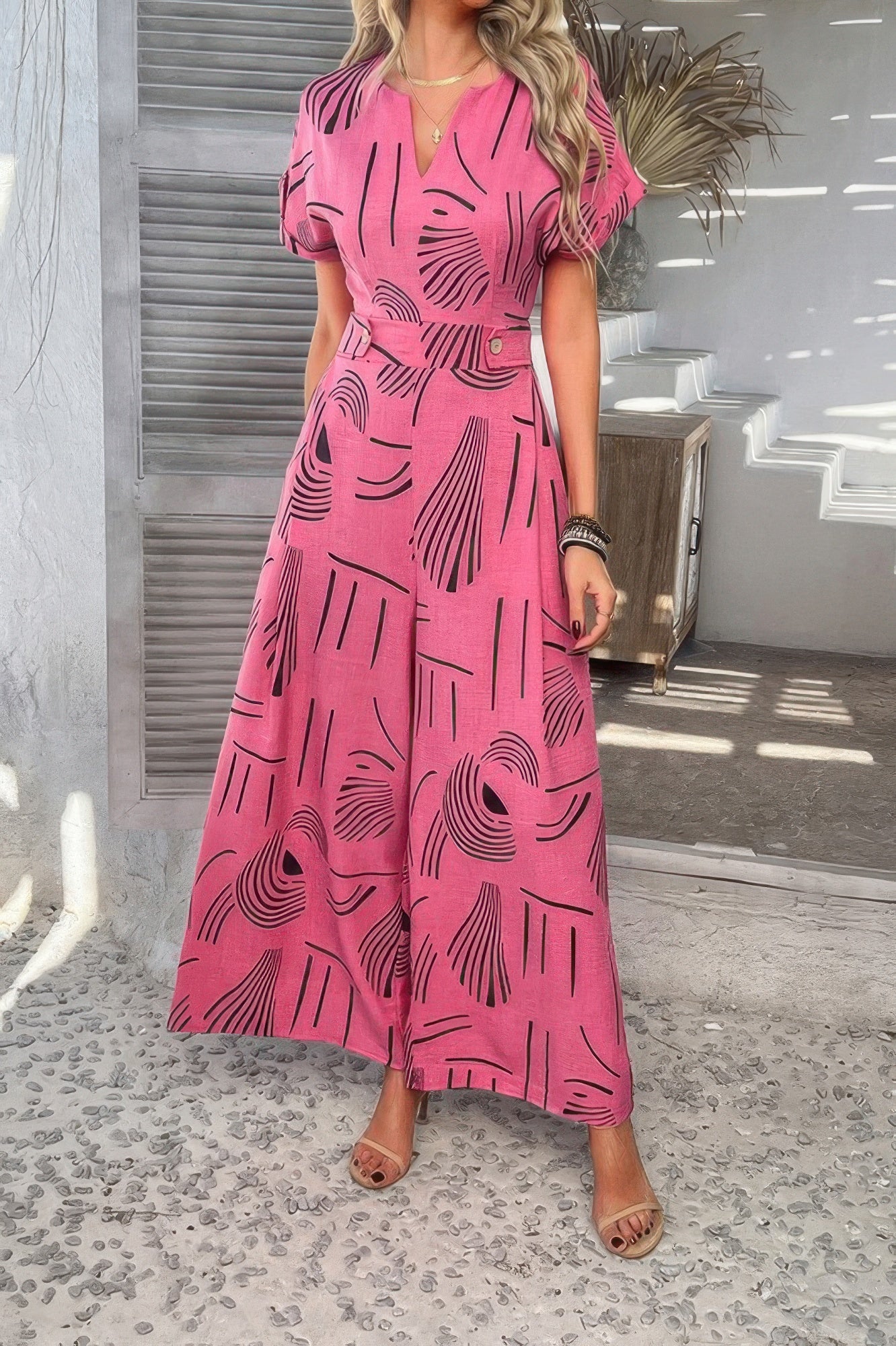 Allover Print V Neck Tie Waist Pockets Jumpsuit product image