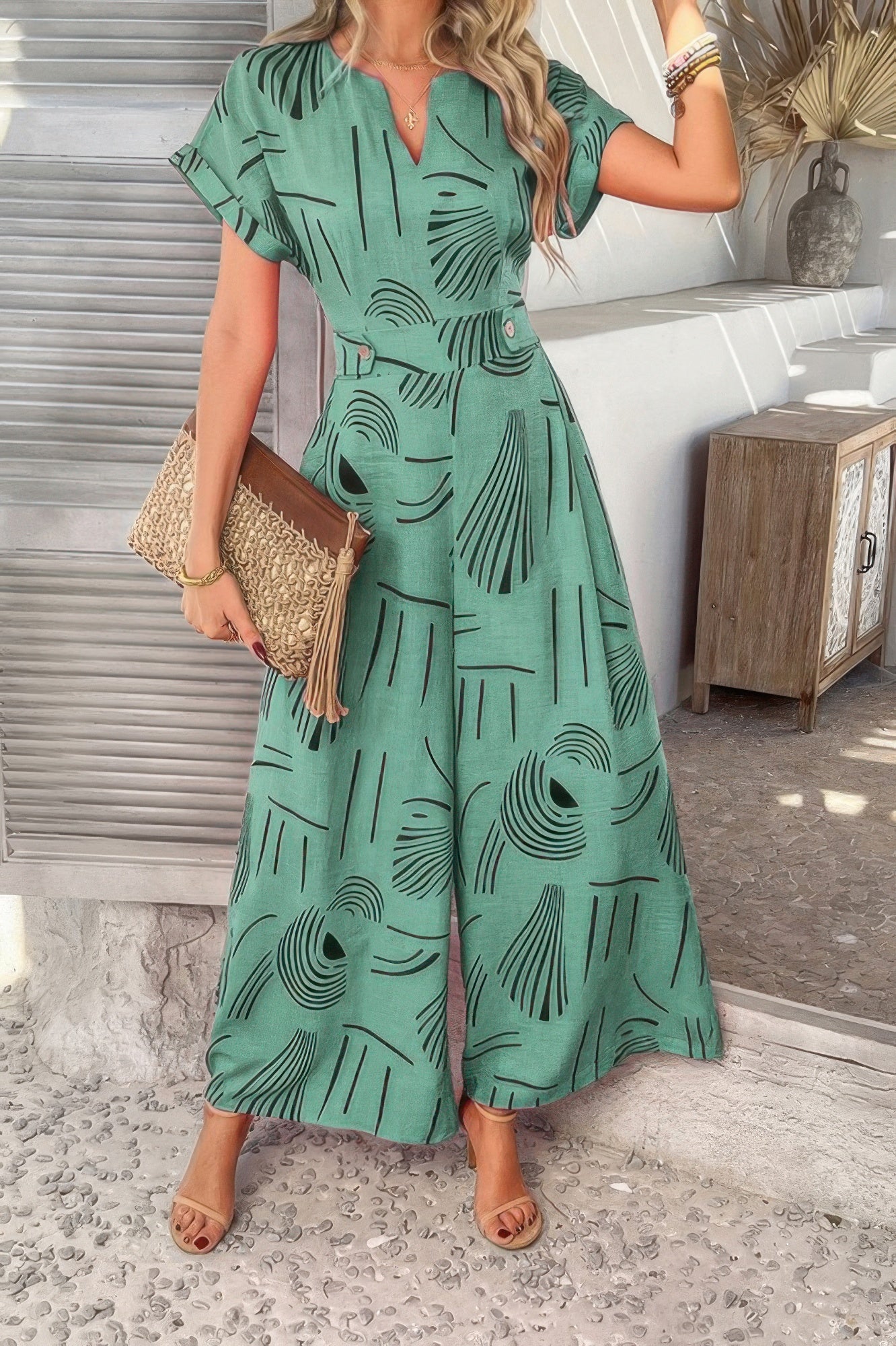 Allover Print V Neck Tie Waist Pockets Jumpsuit product image