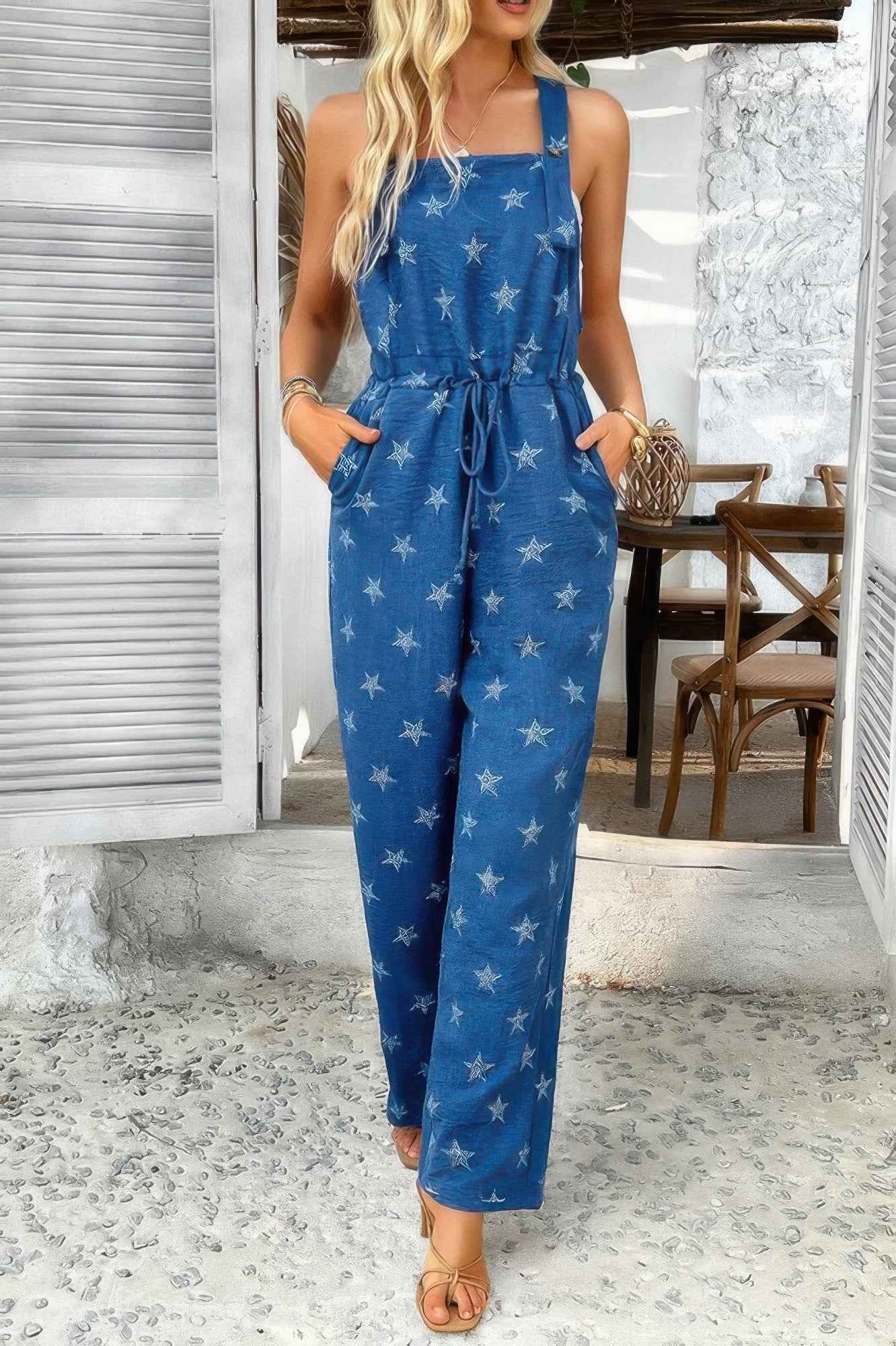 Star Print Button Tie Pockets Drawstring Jumpsuit Star Print Button Tie Pockets Drawstring Jumpsuit