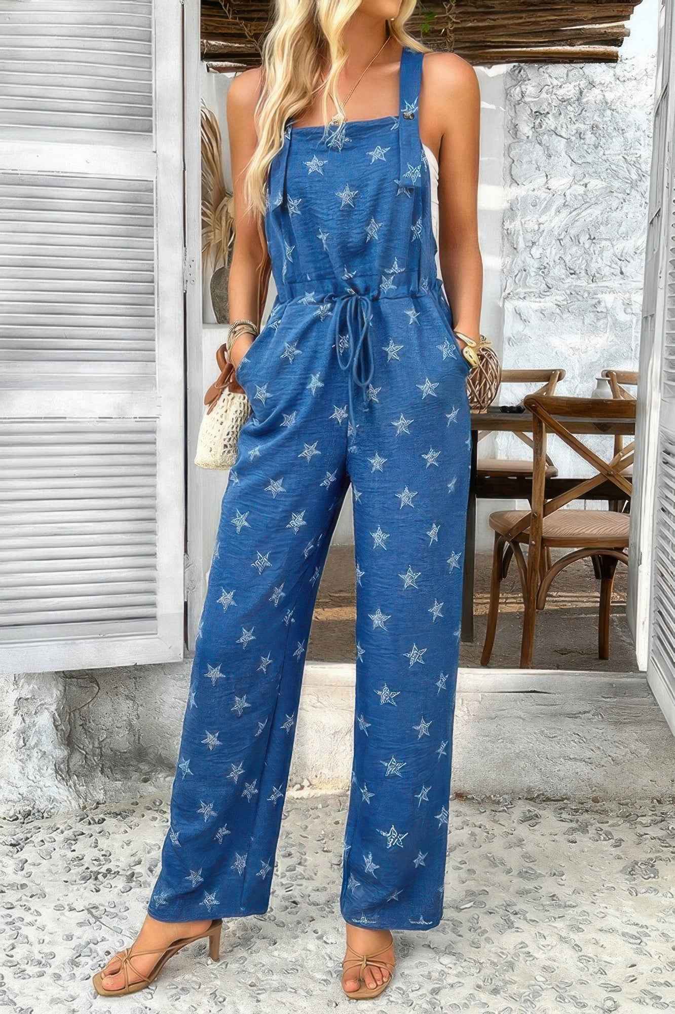 Star Print Button Tie Pockets Drawstring Jumpsuit Star Print Button Tie Pockets Drawstring Jumpsuit