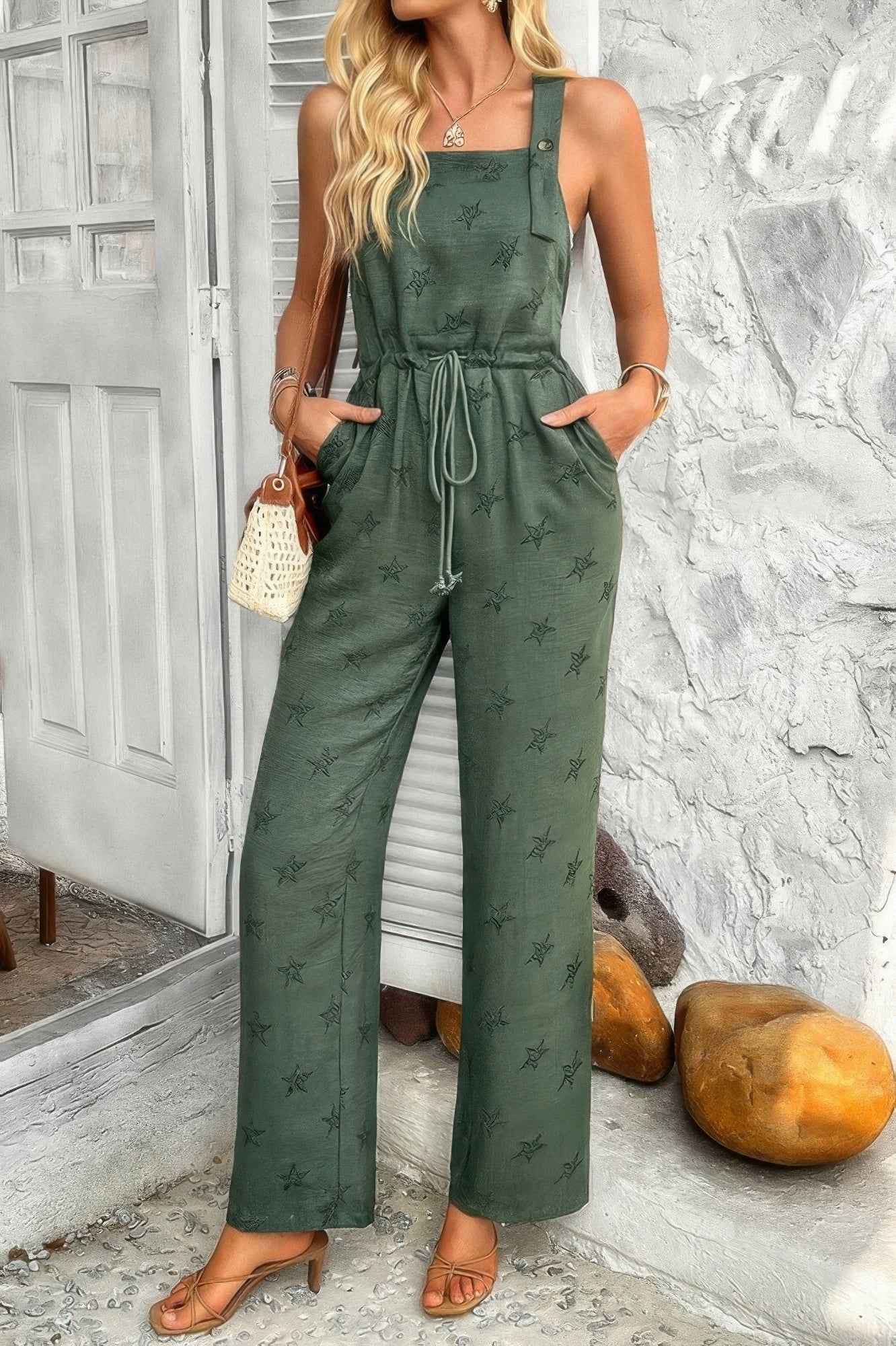 Star Print Button Tie Pockets Drawstring Jumpsuit Star Print Button Tie Pockets Drawstring Jumpsuit