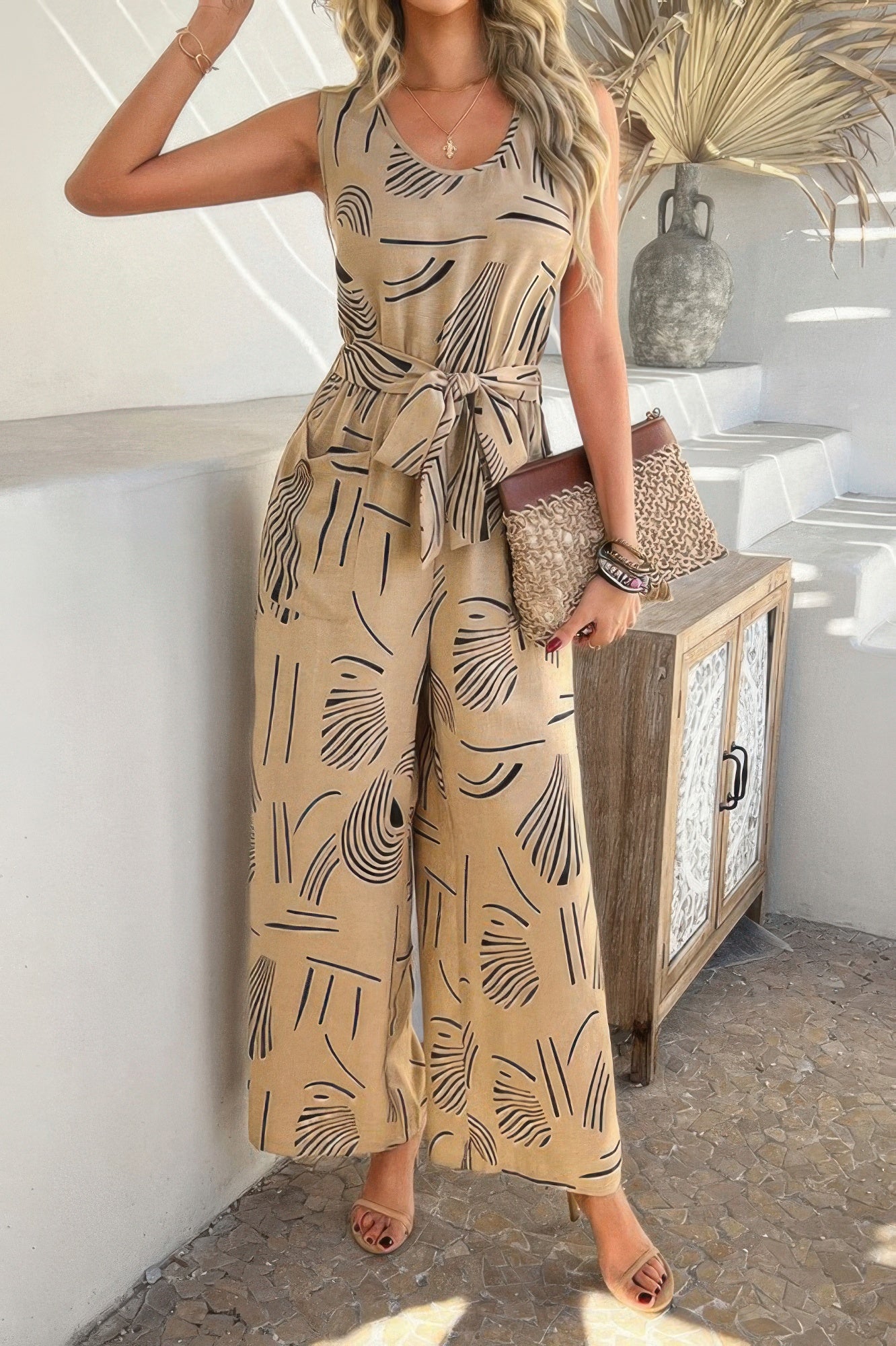 Allover Print Sleeveless Wide Leg Tie Waist Jumpsuit product image