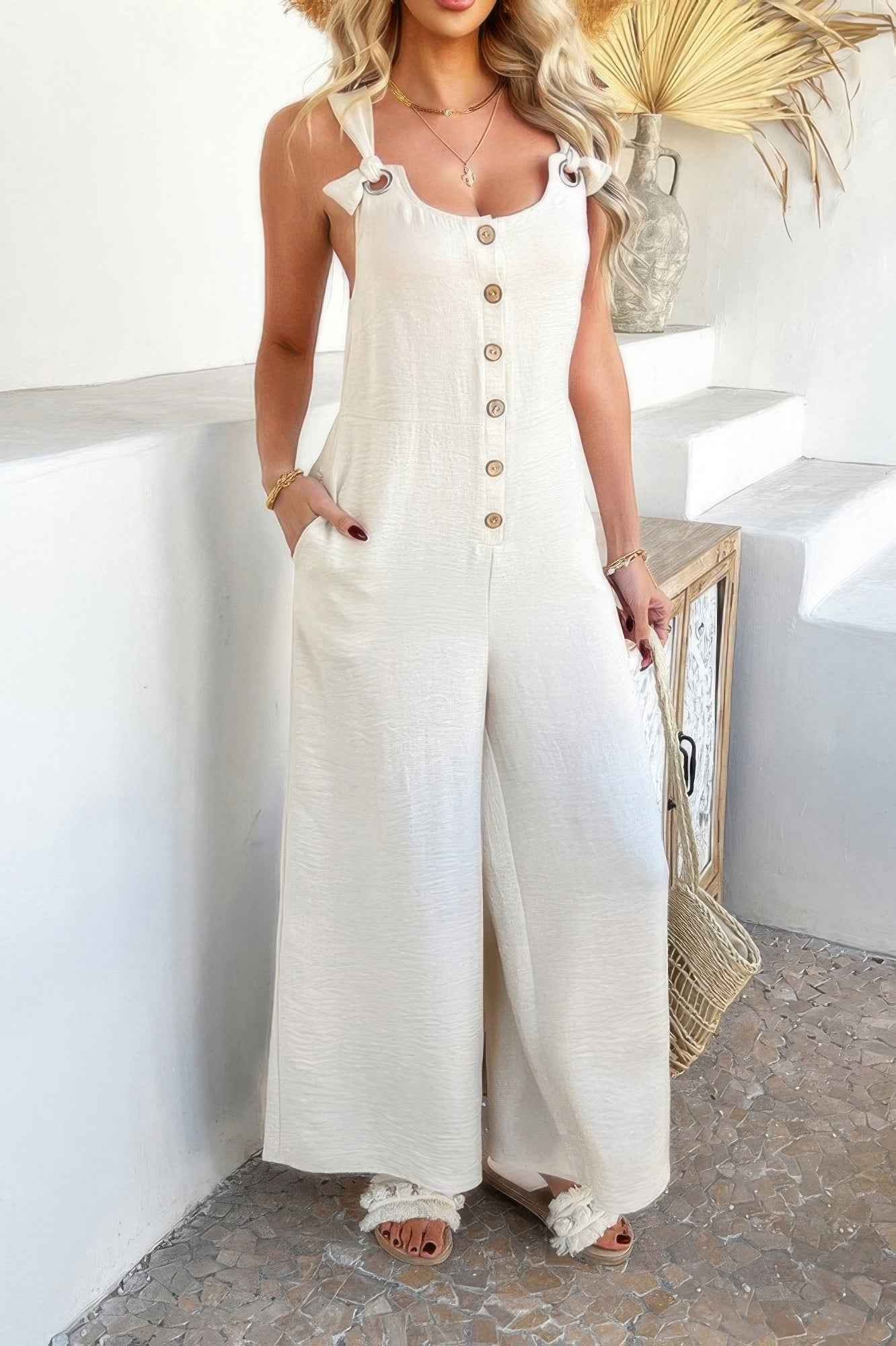 Button Front Knotted Strap Wide Leg Jumpsuit Button Front Knotted Strap Wide Leg Jumpsuit