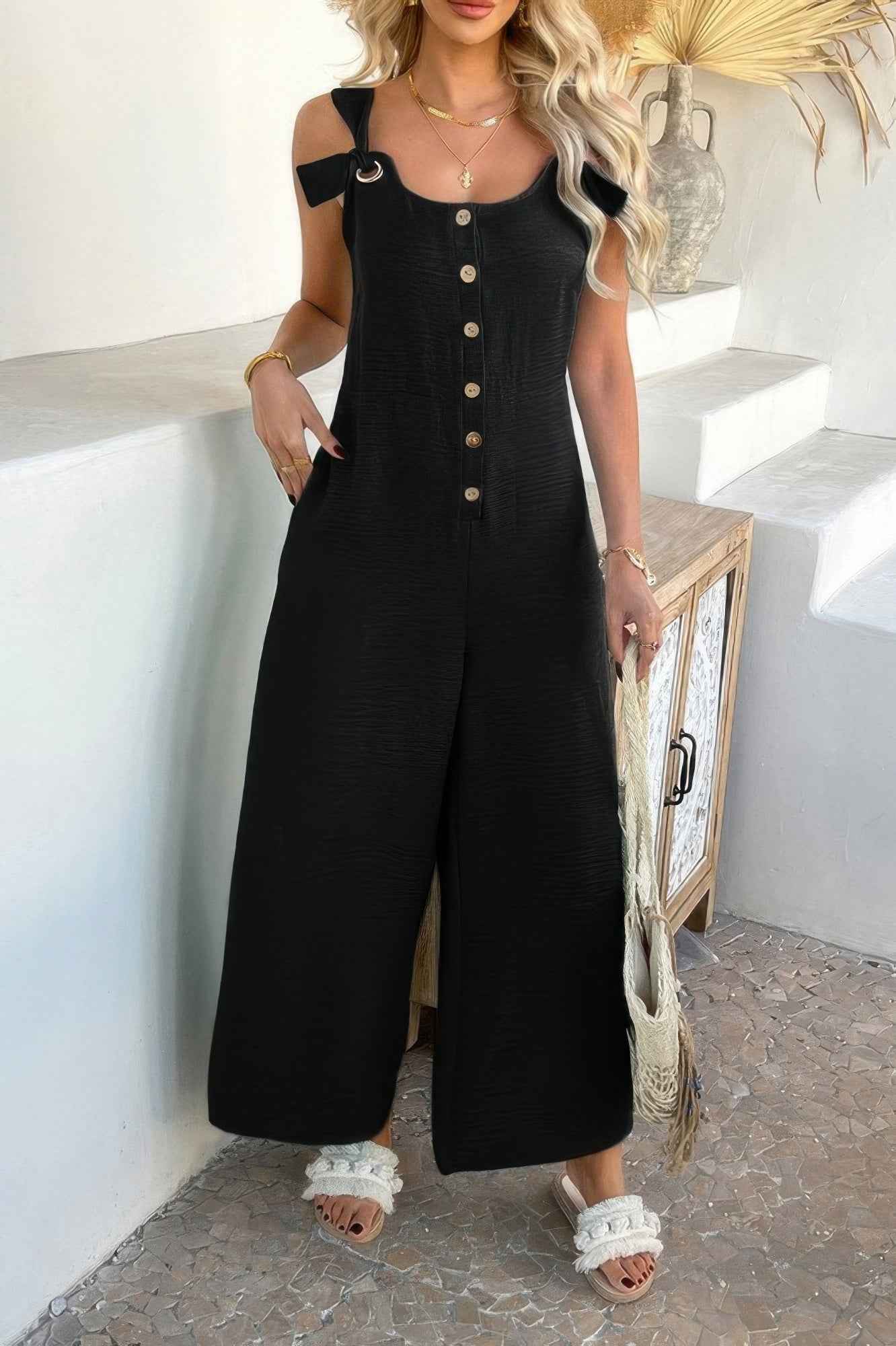 Button Front Knotted Strap Wide Leg Jumpsuit Button Front Knotted Strap Wide Leg Jumpsuit