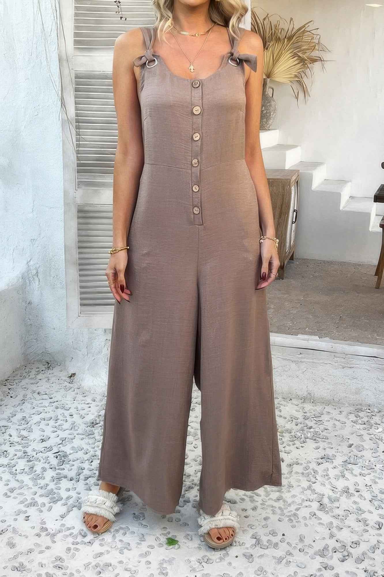 Button Front Knotted Strap Wide Leg Jumpsuit Button Front Knotted Strap Wide Leg Jumpsuit
