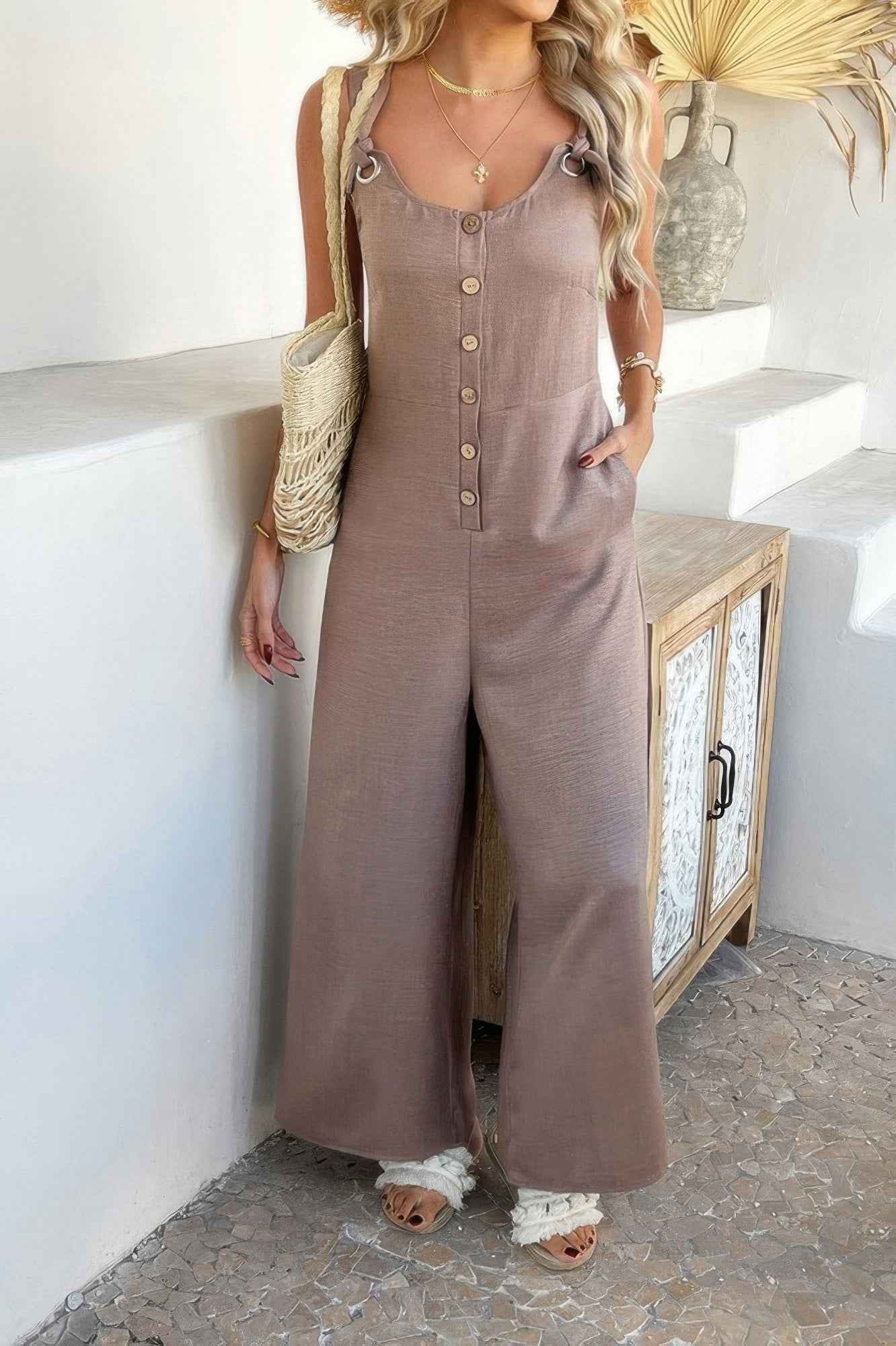 Button Front Knotted Strap Wide Leg Jumpsuit Button Front Knotted Strap Wide Leg Jumpsuit
