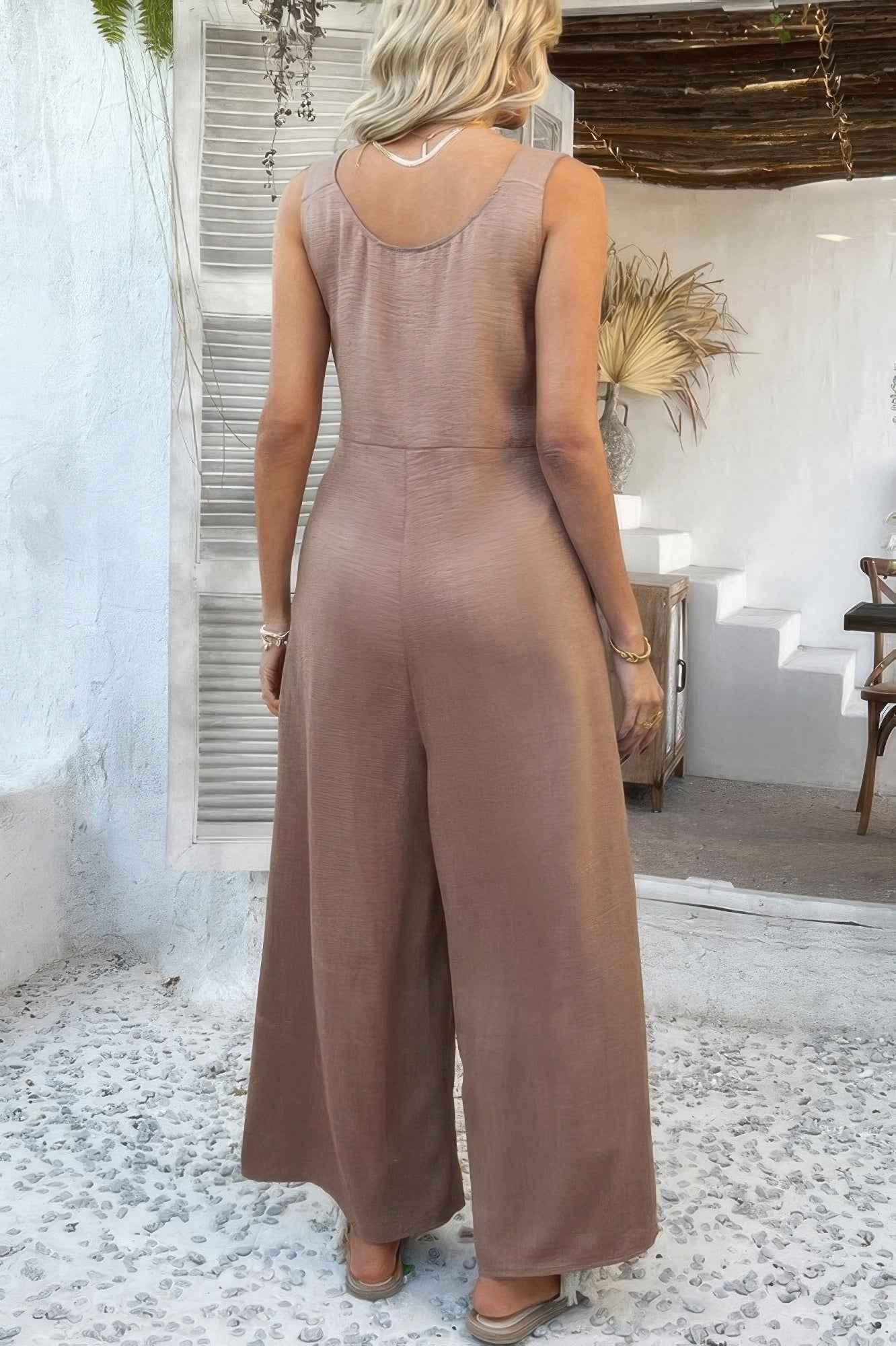 Button Front Knotted Strap Wide Leg Jumpsuit Button Front Knotted Strap Wide Leg Jumpsuit