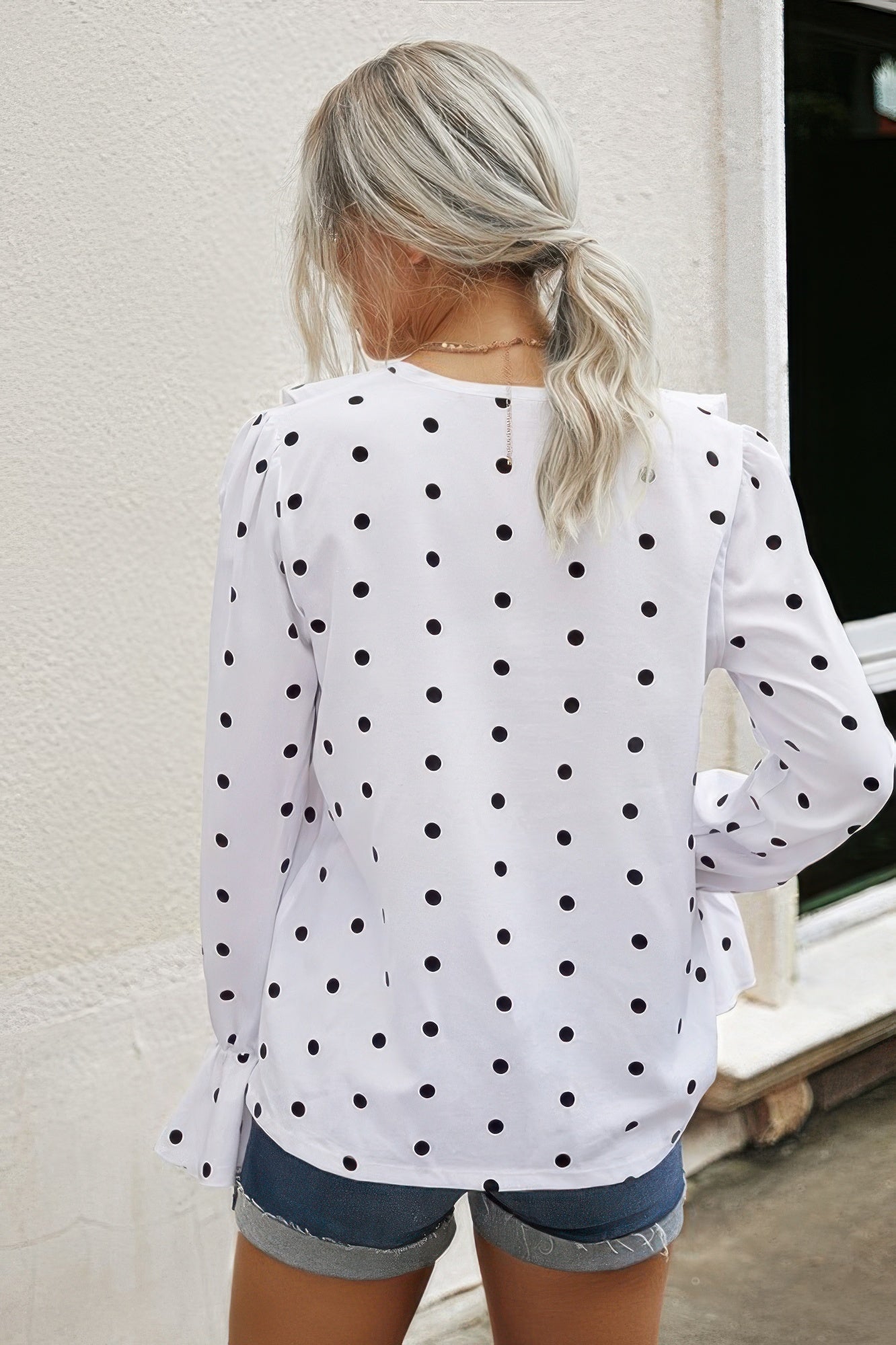 Polka Dots Long Sleeve V Neck Ruffled Shirt product image