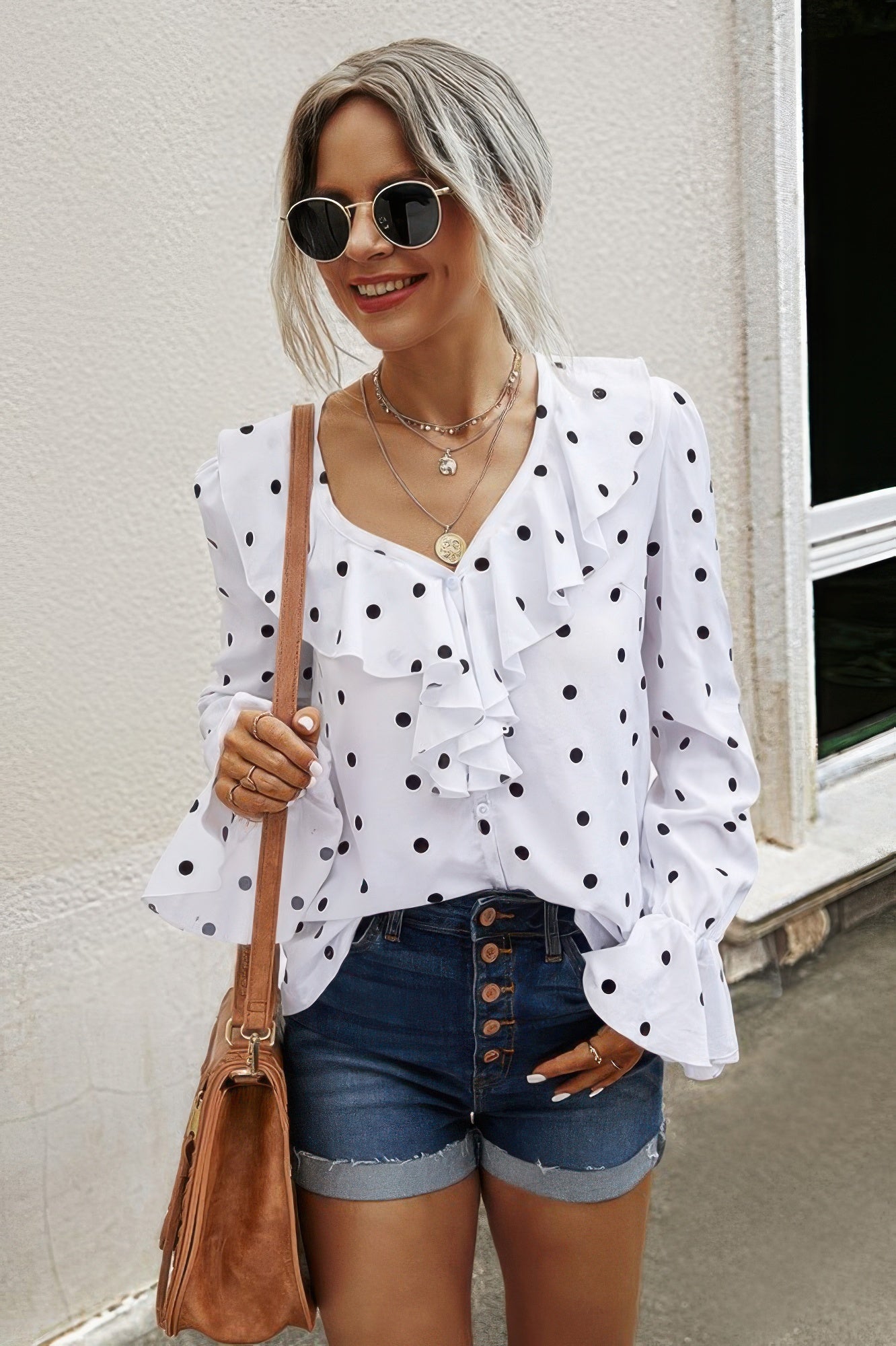 Polka Dots Long Sleeve V Neck Ruffled Shirt product image
