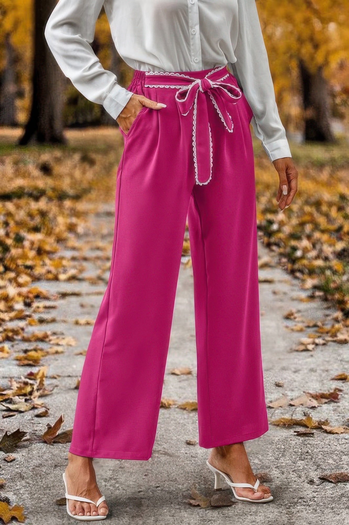 Straight Leg Elastic High Waist Lace Tie Trim Pant product image