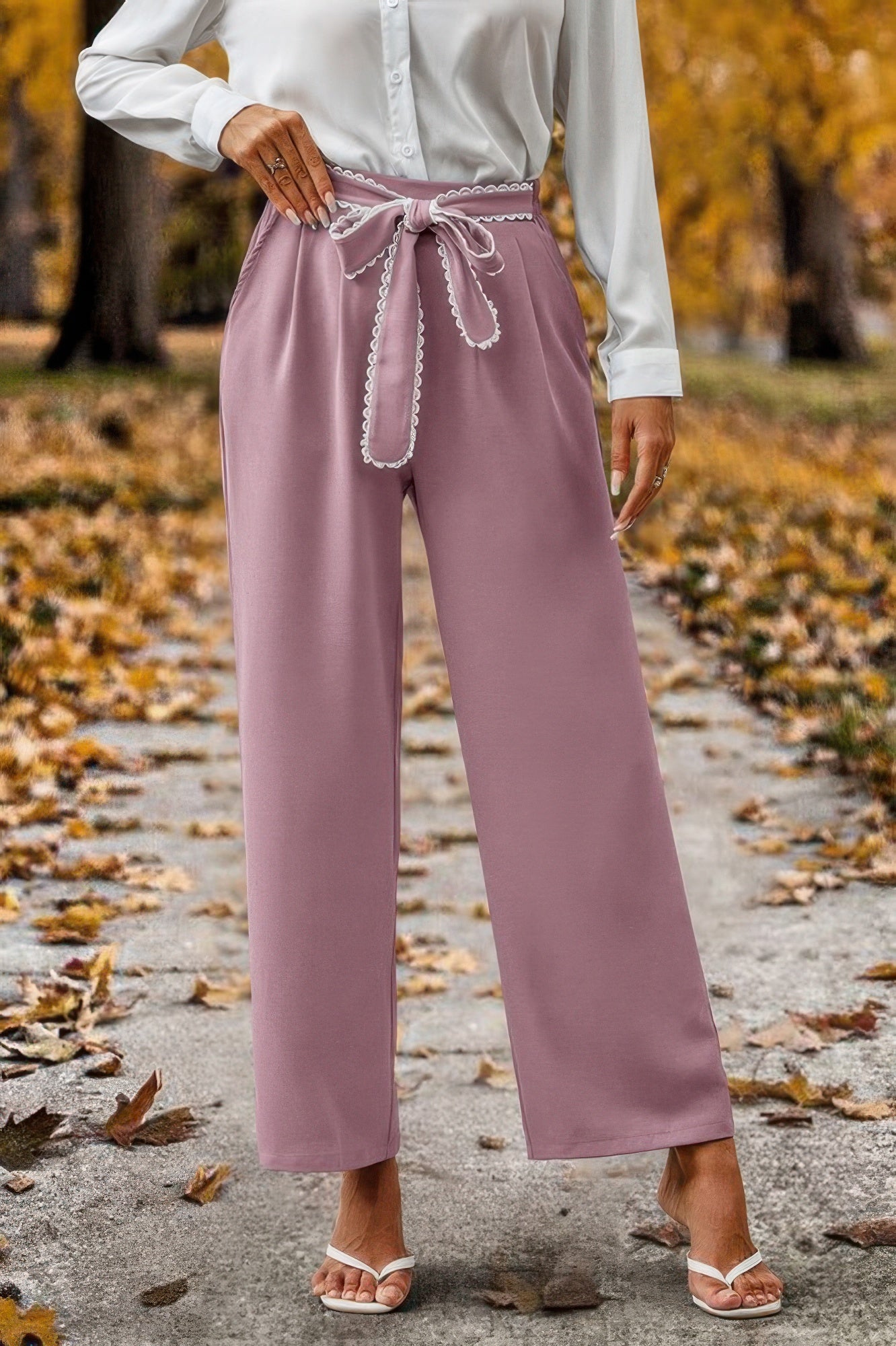 Straight Leg Elastic High Waist Lace Tie Trim Pant product image